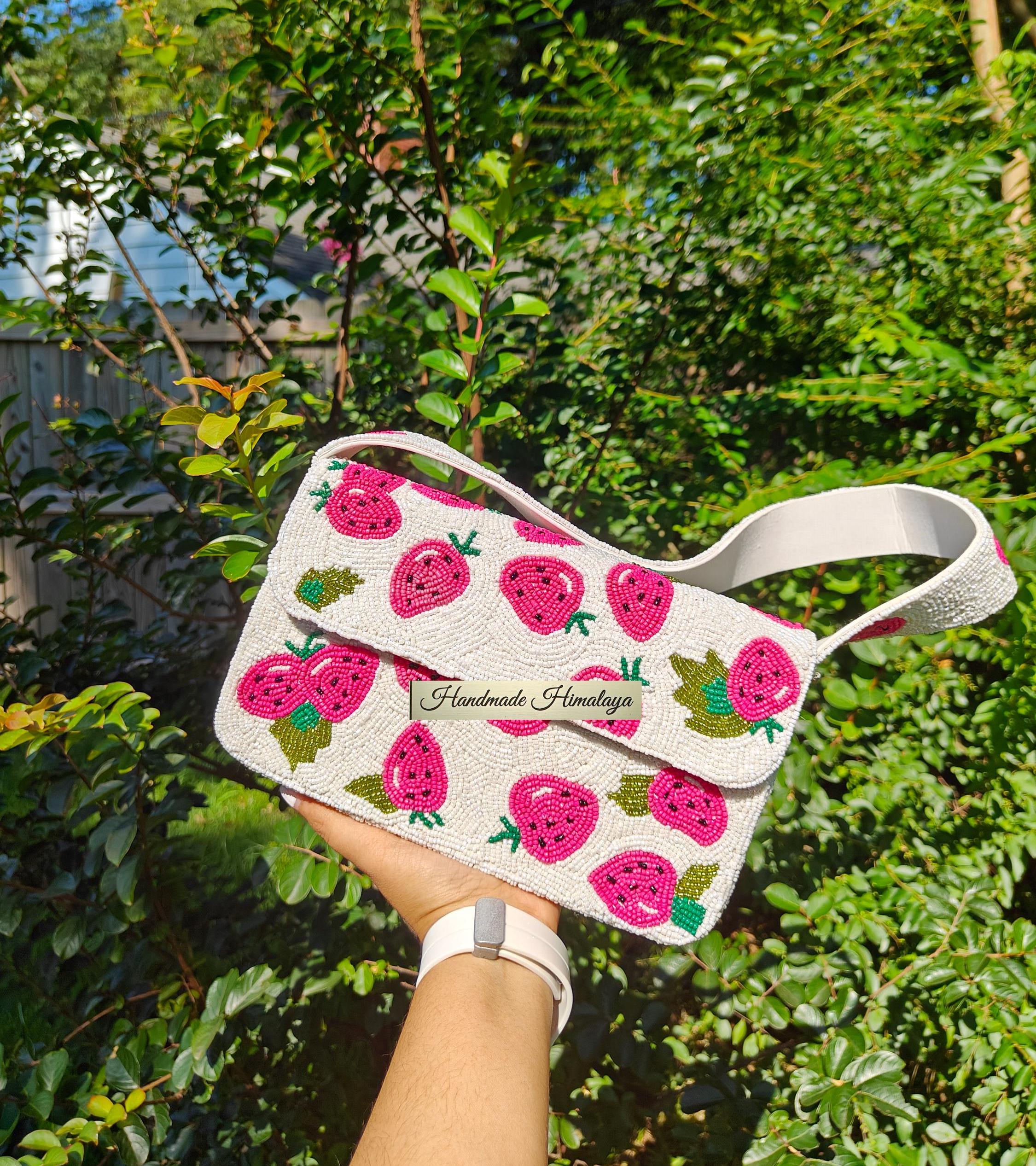 Handmade Strawberry Beaded Bag | Pink Fruit Shoulder Bag | Cottagecore Seed Bead Purse