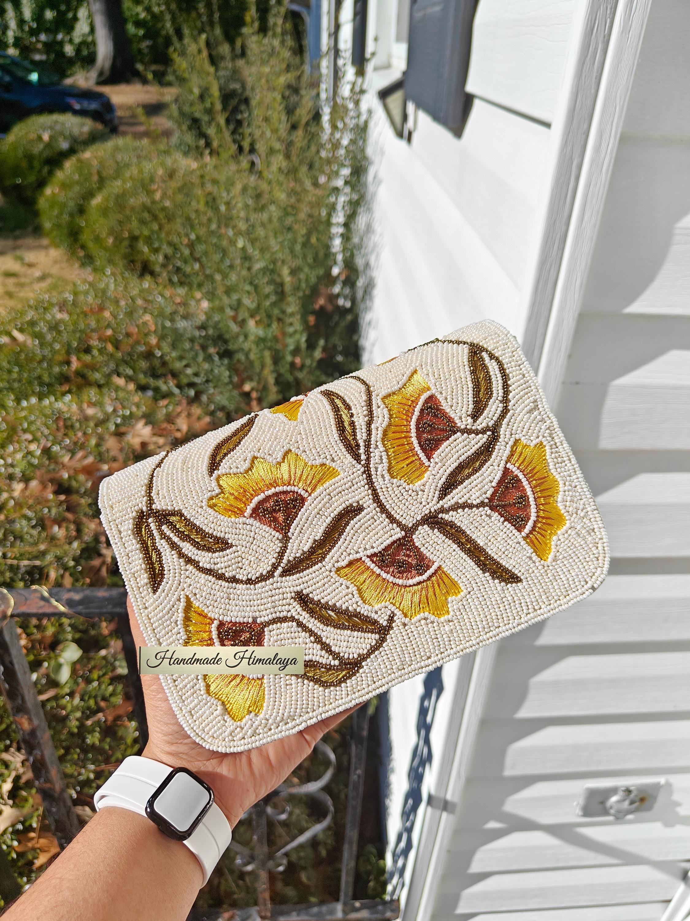 Ivory Wedding Clutch | Yellow Floral Beaded Bridal Purse view 2