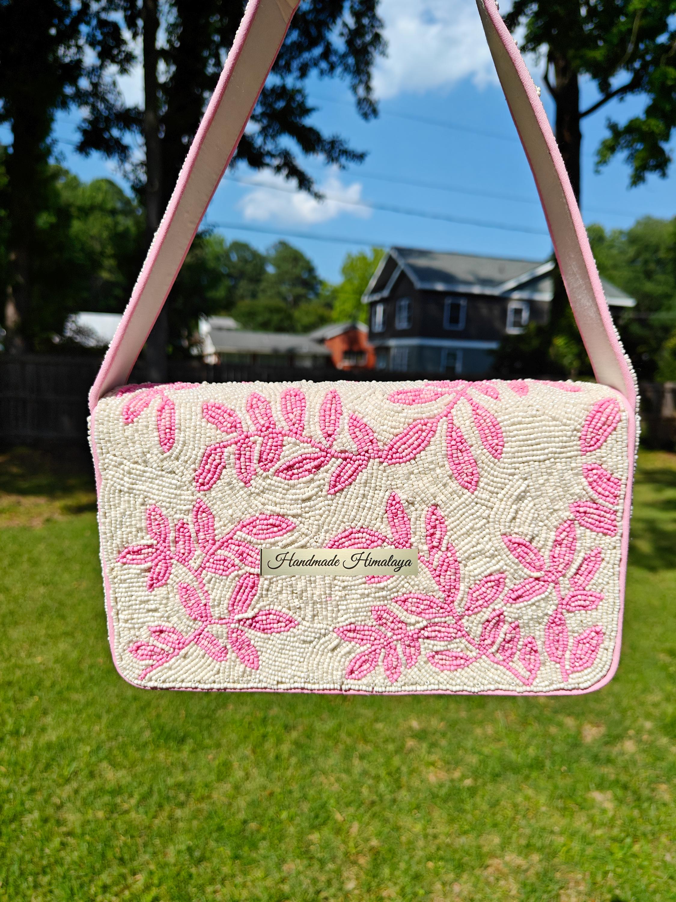 Blush Pink Floral Beaded Shoulder Bag Leaf Embroidery Bridal Party Evening Clutch Purse view 4