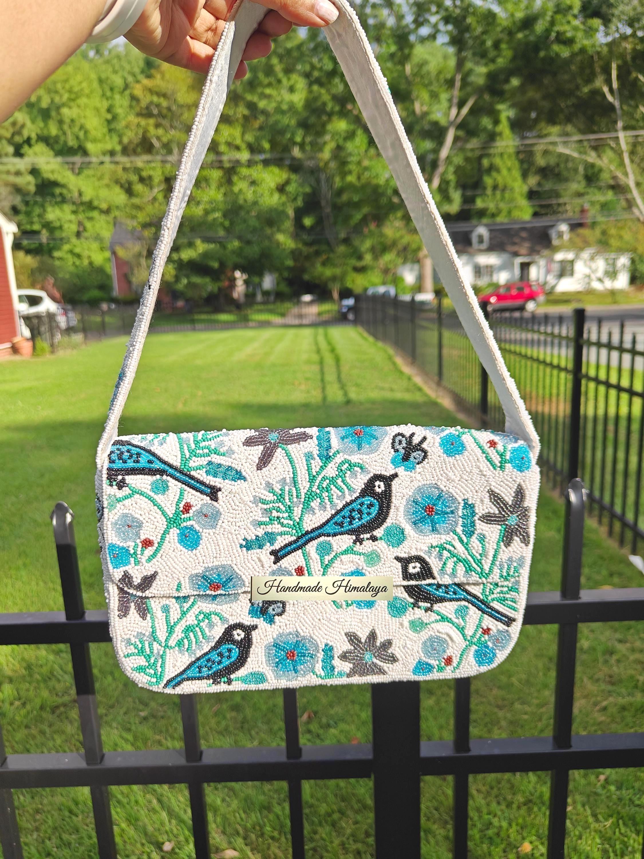Blue Bird Beaded Shoulder Bag | Floral Statement Purse