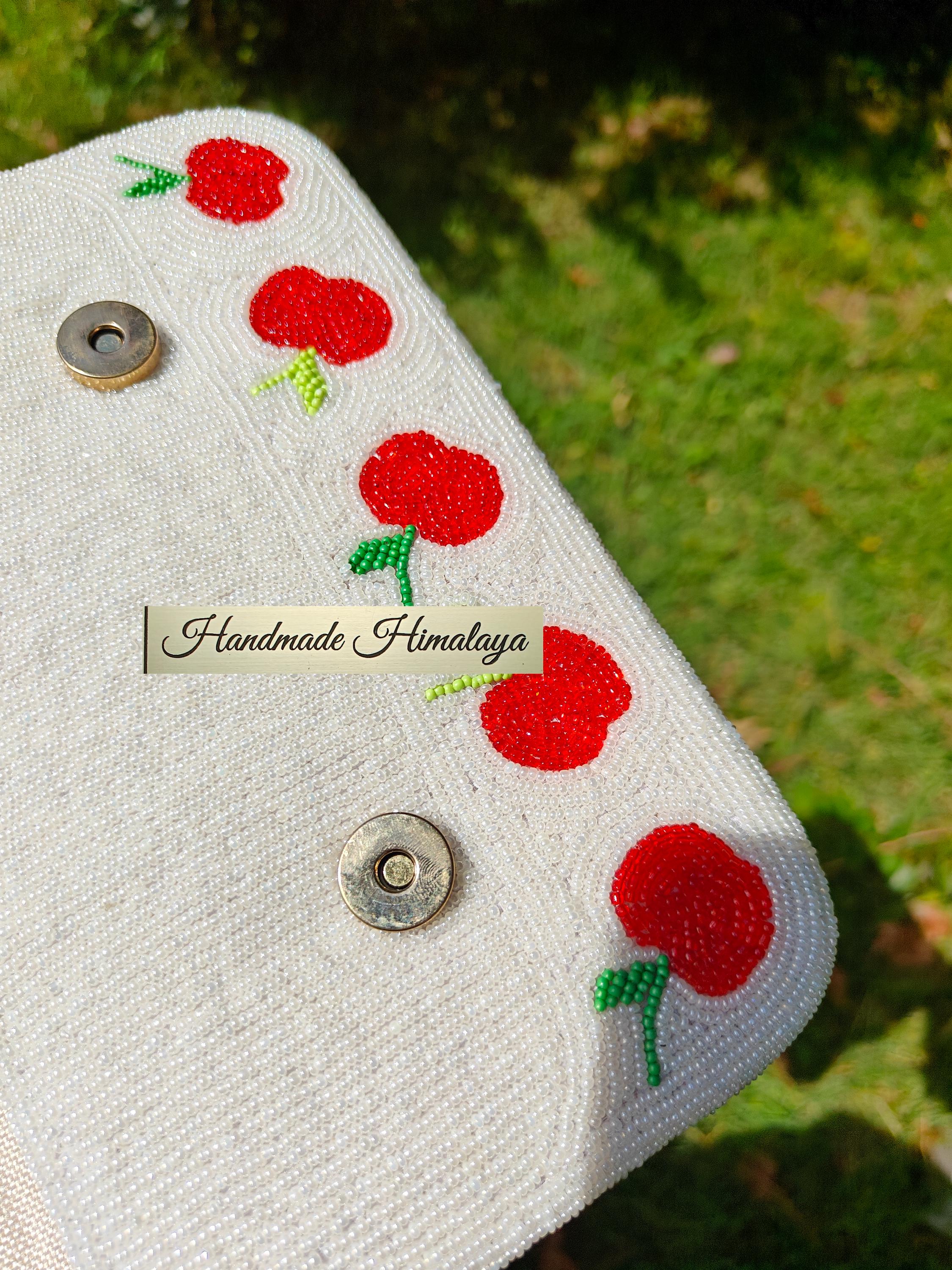 Red Apples Beaded Bag | Fruit Embroidery Shoulder Bag | Tropical Vacation Wedding Party Baguette Handbag view 8