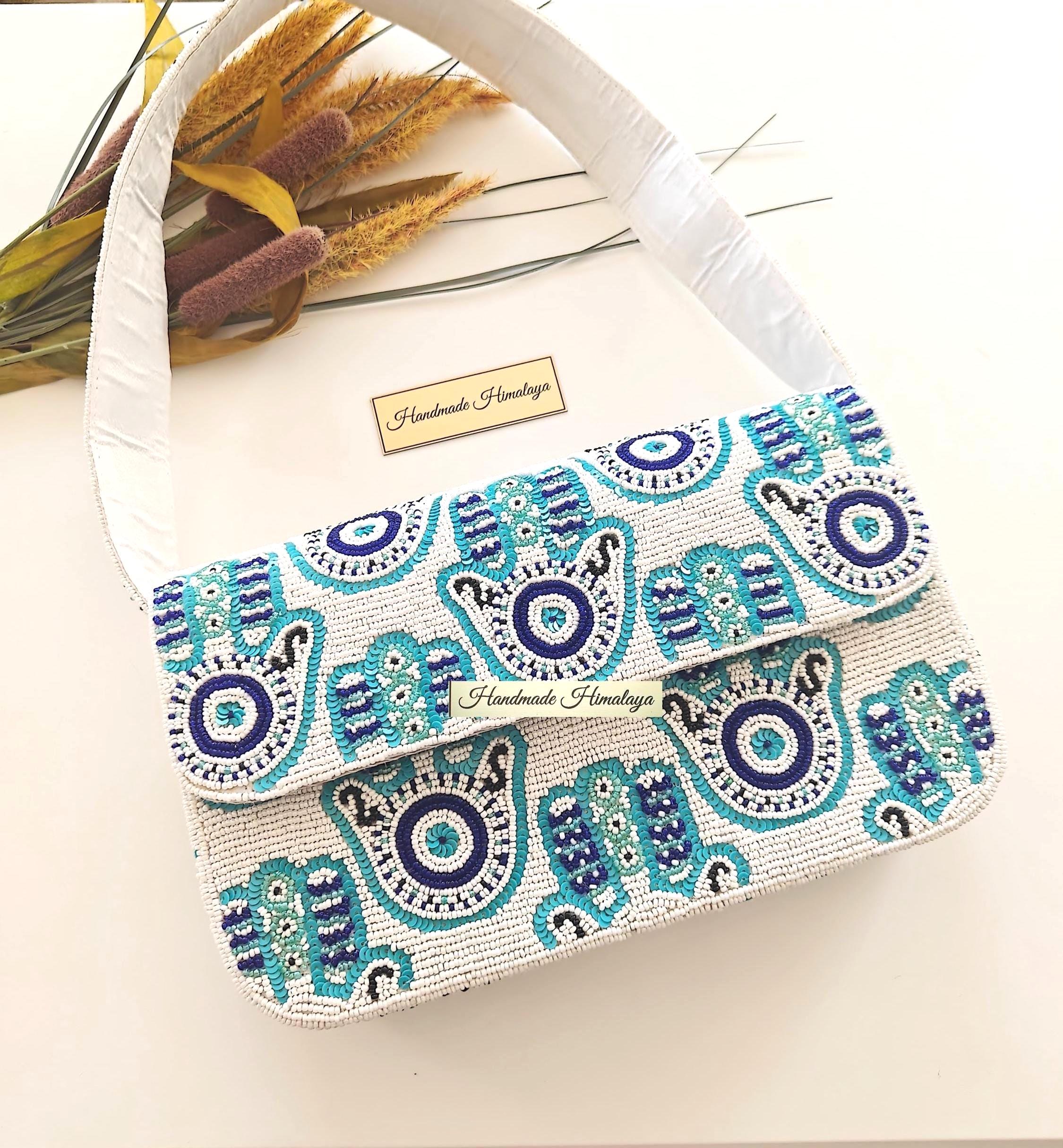 Beaded Hamsa Hand Evil Eye Protection Shoulder Bag: White-blue Turquoise Purse for Women view 2