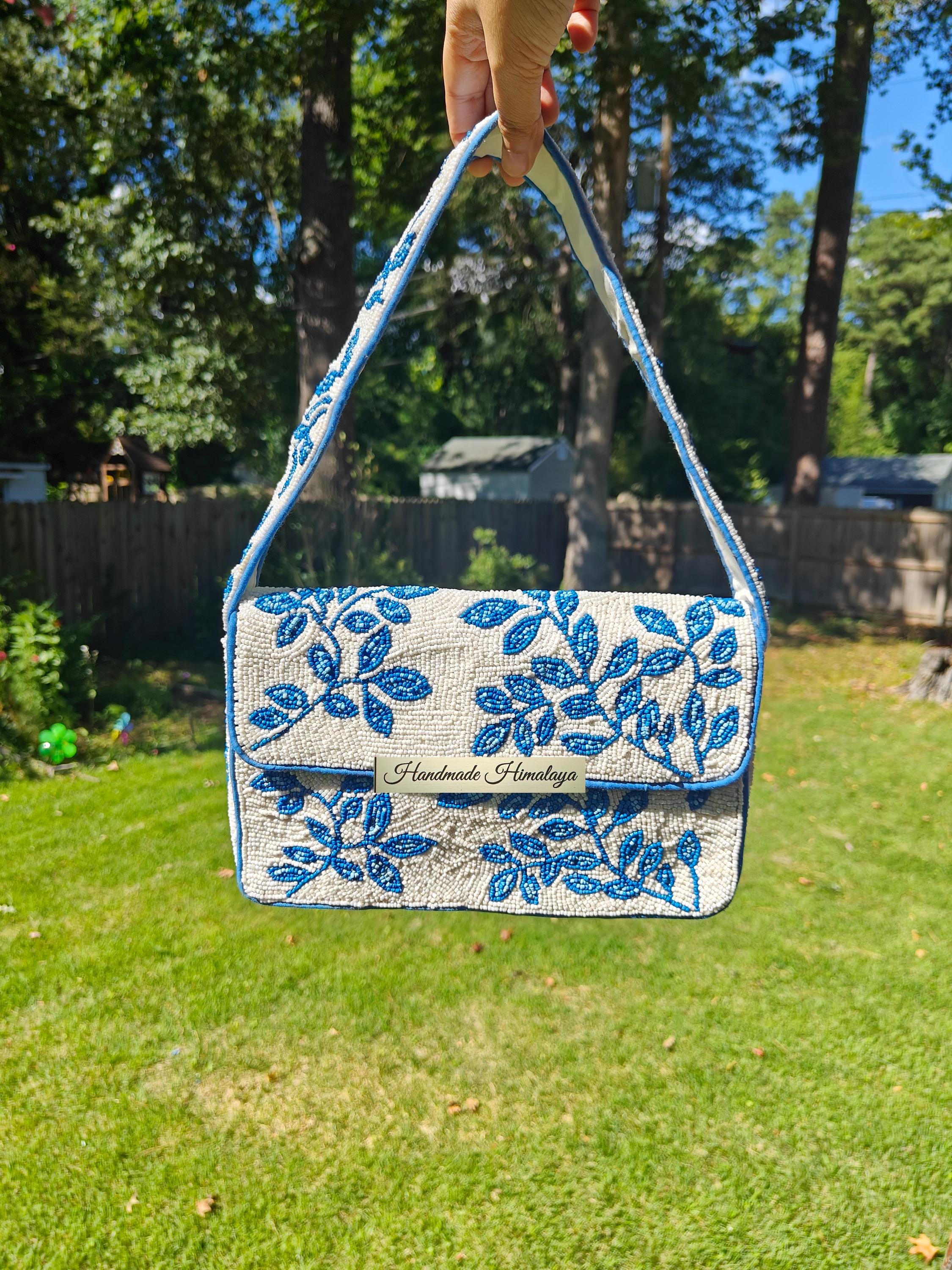 Floral Beaded Bag: Blue White Leaves Vines Wedding Handbag