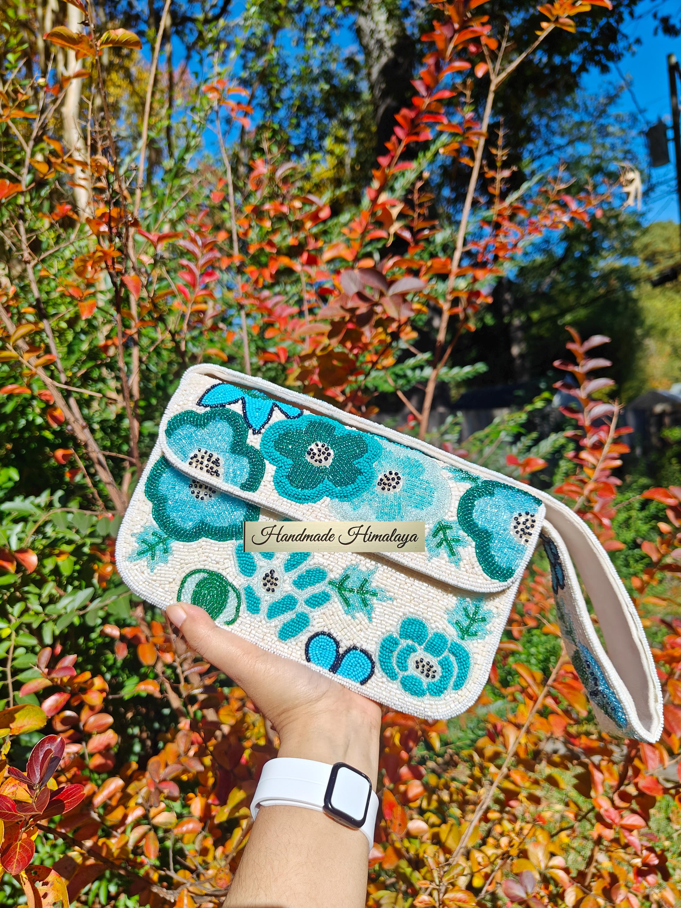 Teal Turquoise Floral Bridal Beaded Bag, Bridal Evening Shoulder Purse view 3