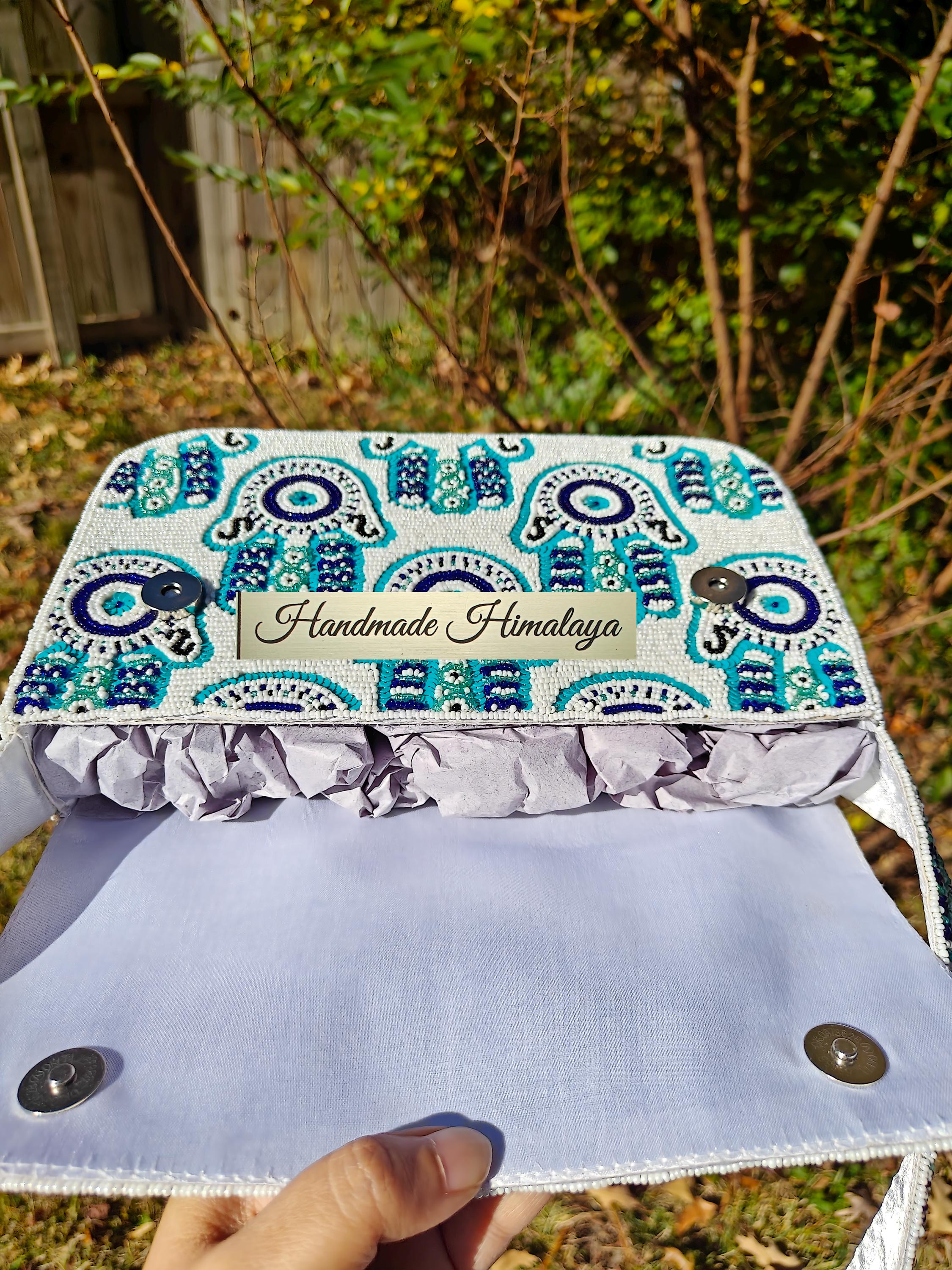 Beaded Hamsa Hand Evil Eye Protection Shoulder Bag: White-blue Turquoise Purse for Women view 4