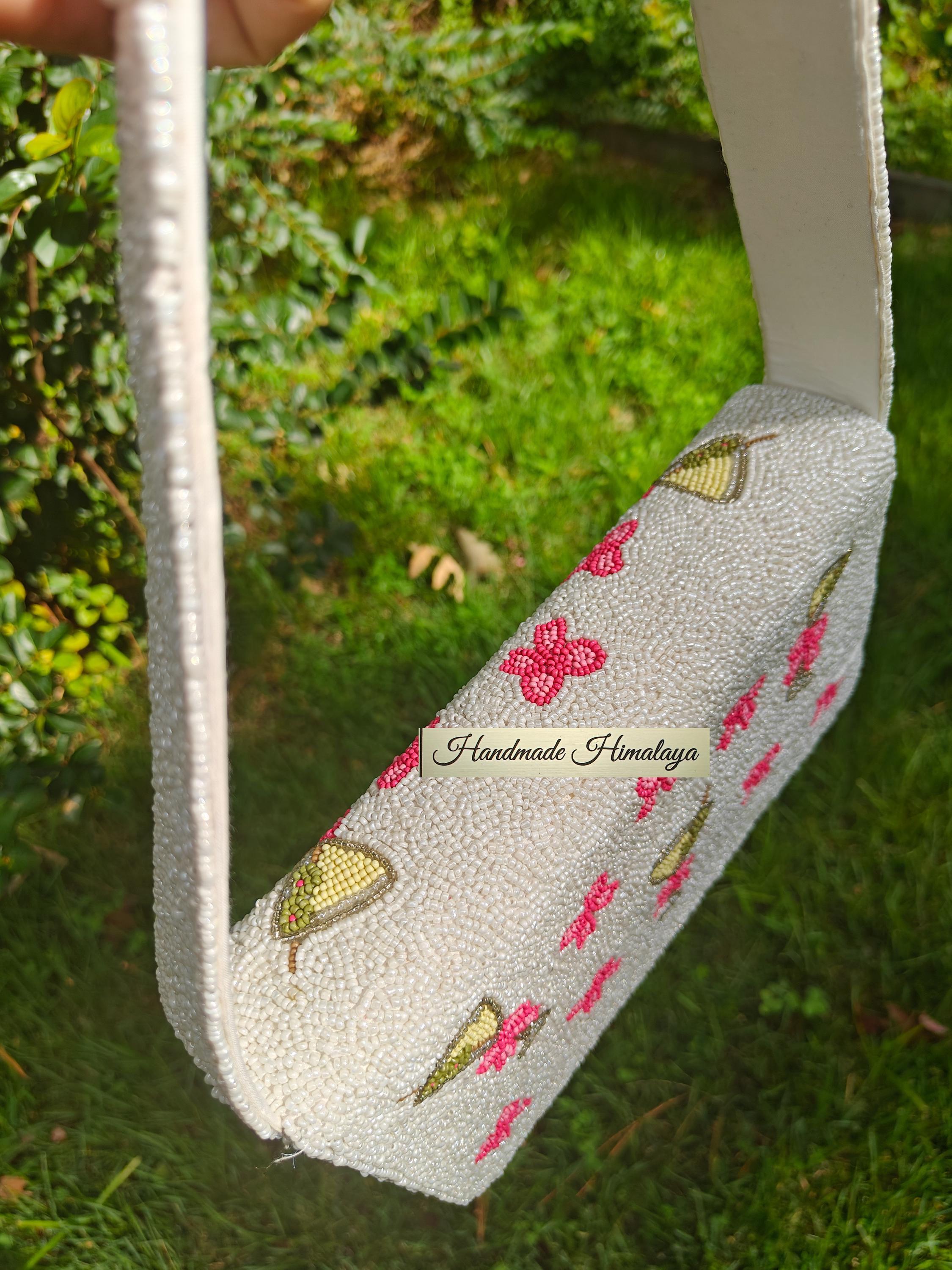 Martini and Pink Bow Beaded Bag, Bachelorette Party Handbag, White Cocktail Beaded Purse, Evening Shoulder Bag view 8