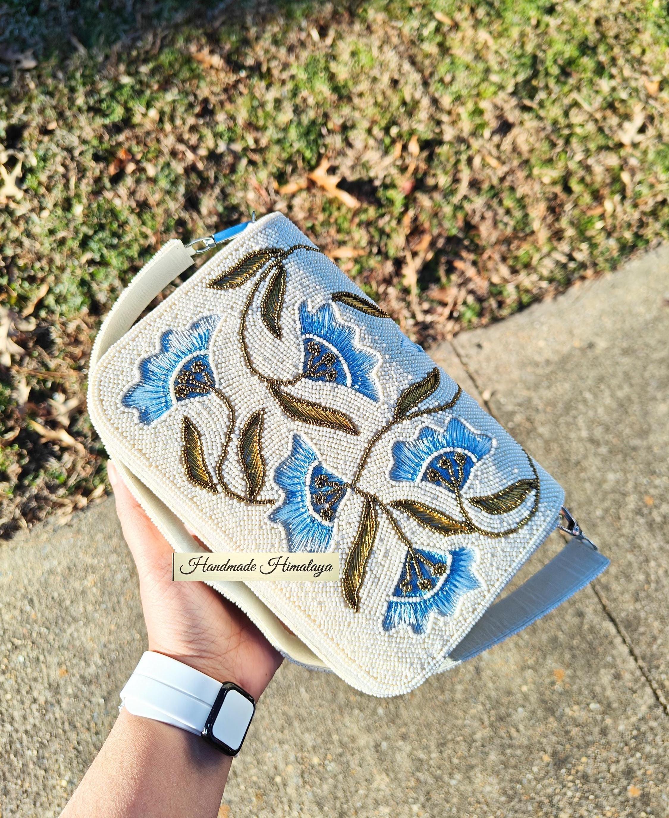White Blue Floral Beaded Bag | Something Blue Bridal Purse