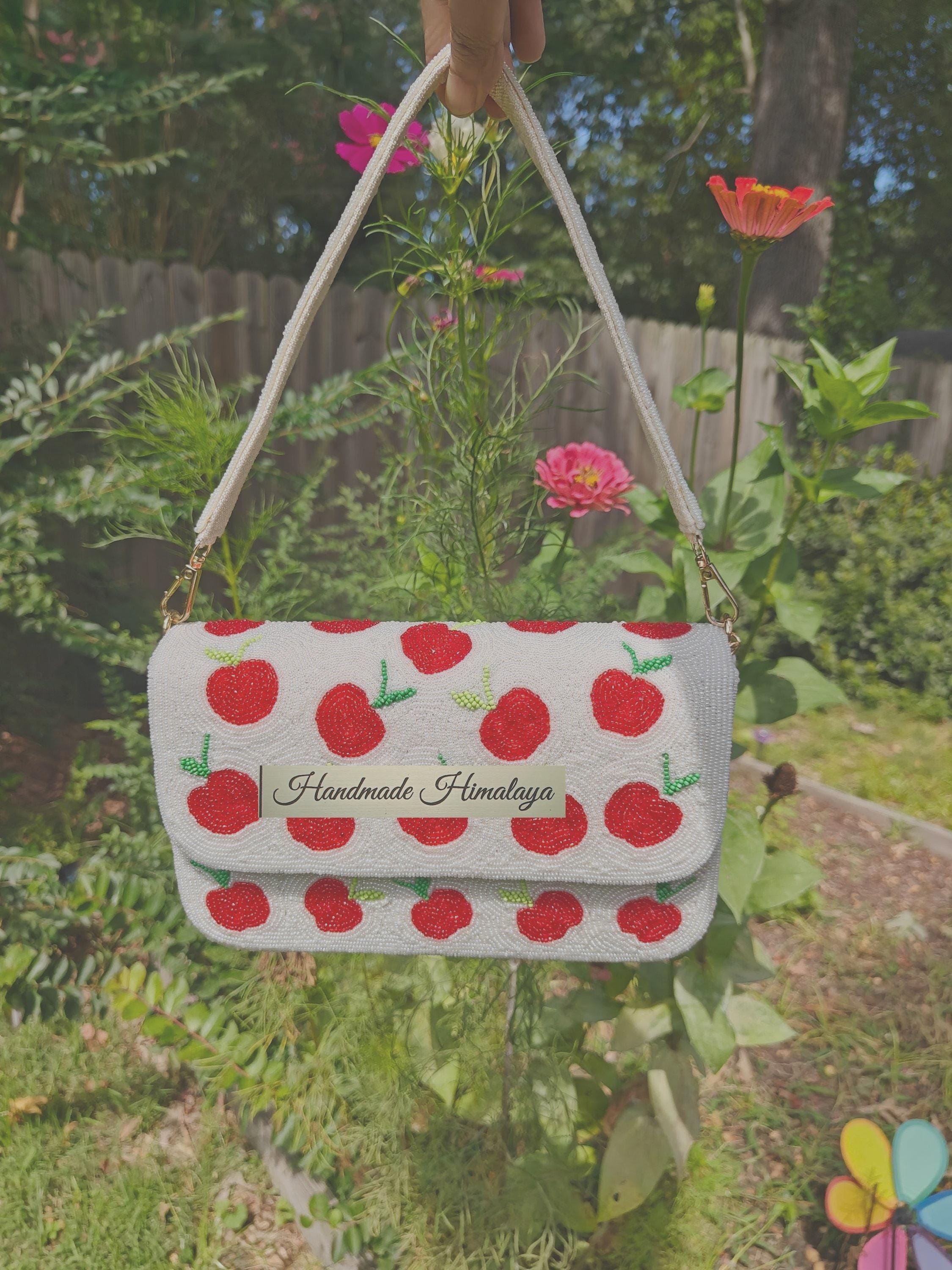 Red Apples Beaded Bag | Fruit Embroidery Shoulder Bag | Tropical Vacation Wedding Party Baguette Handbag view 3