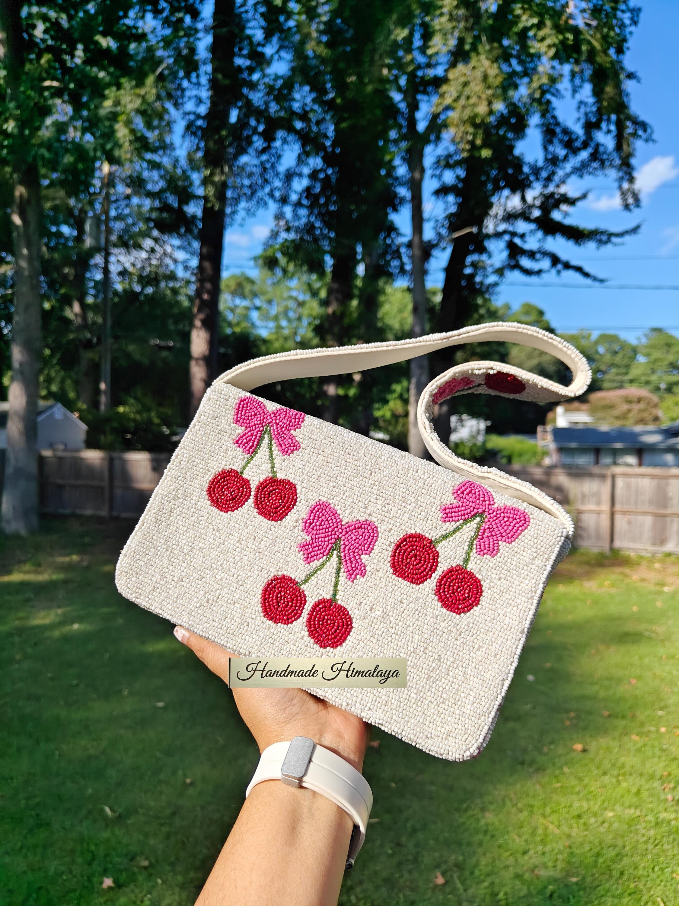 Cherry Embroidered Beaded Purse Handmade White Shoulder Bag With Bow Detail view 3