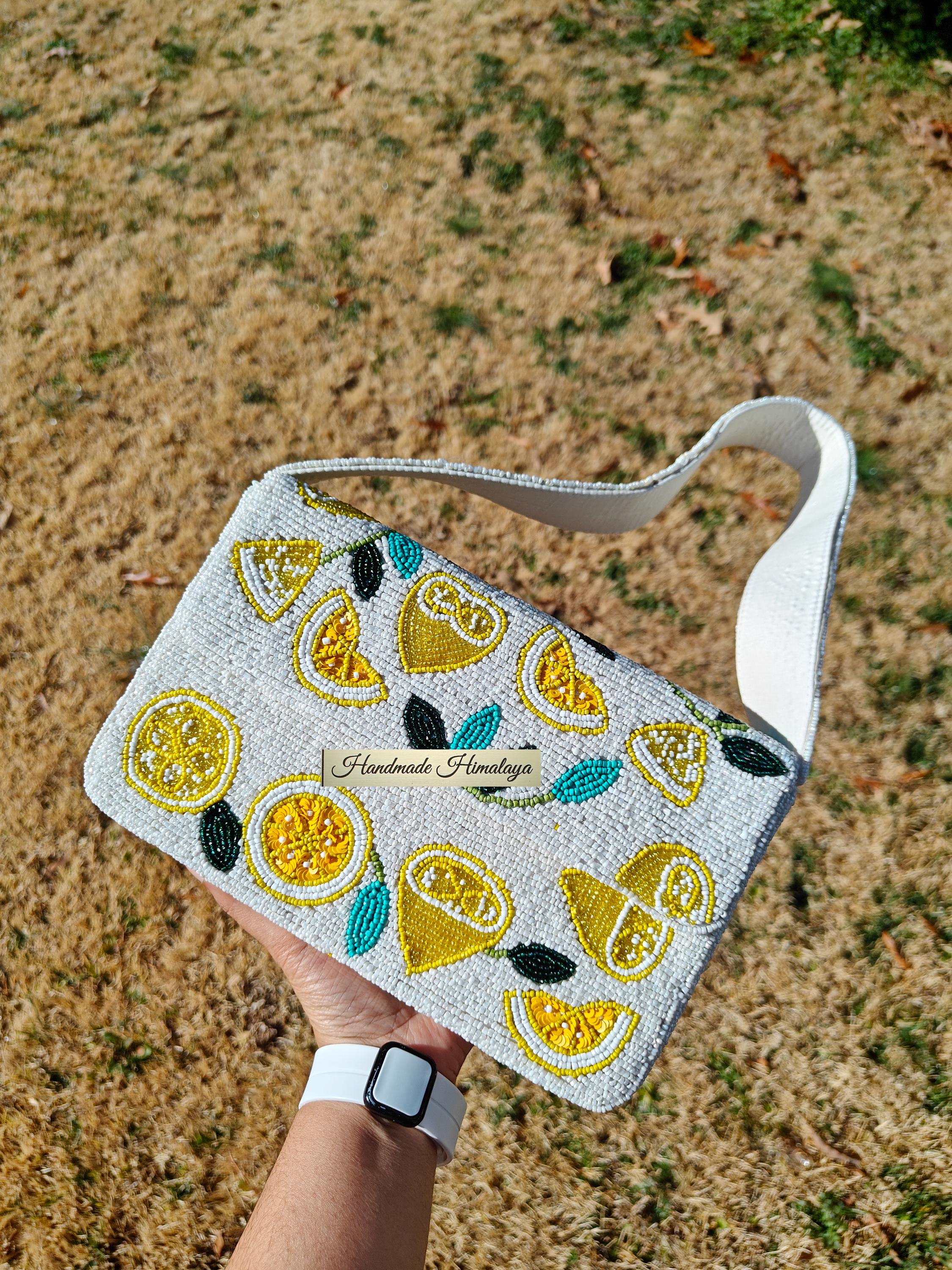 Beaded Lemon Shoulder Bag | White Citrus Fruit Purse | Tropical Resort Wedding Clutch view 6