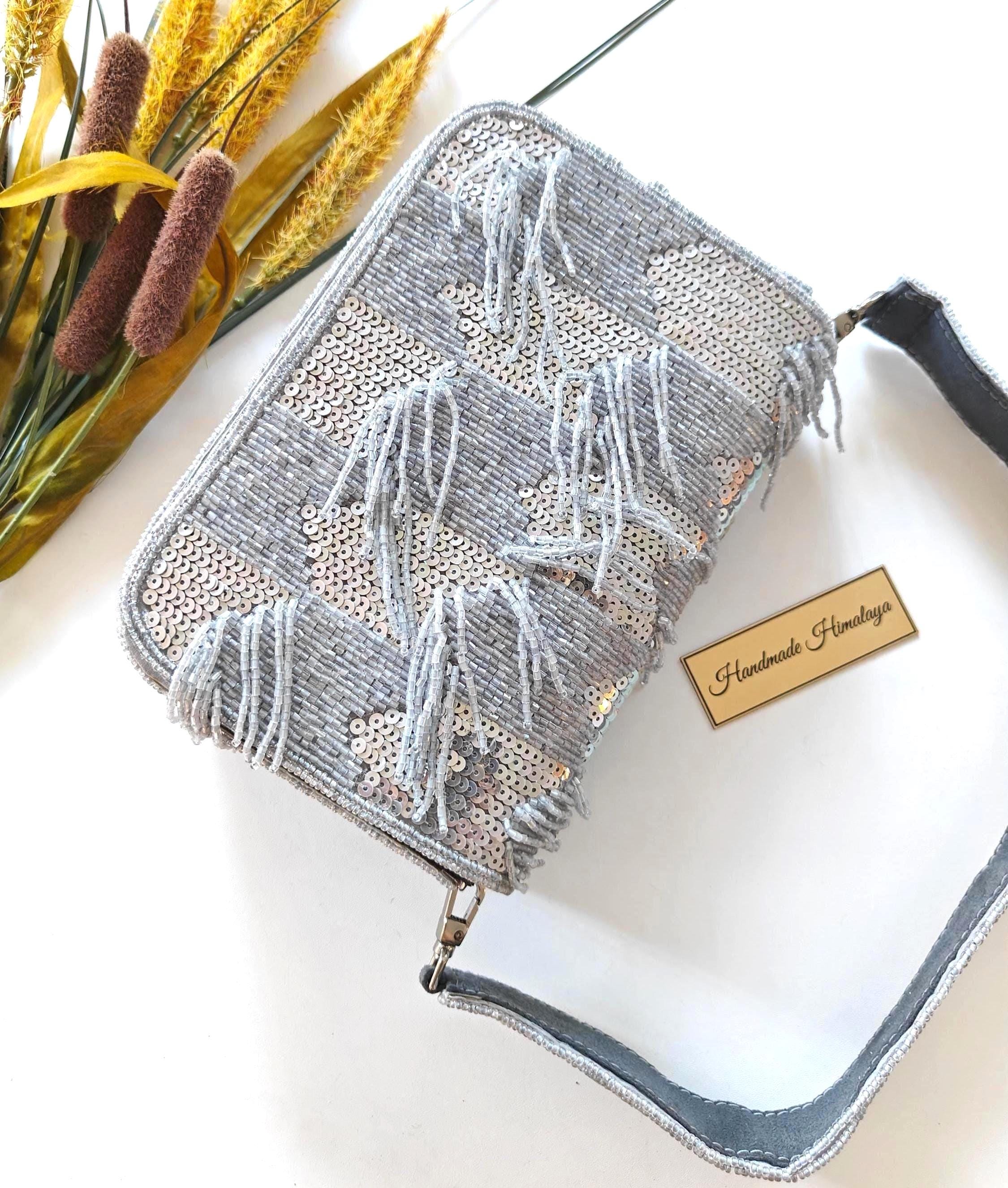 Silver Fringe Beaded Clutch, Gray Sequin Wedding Bridal Purse