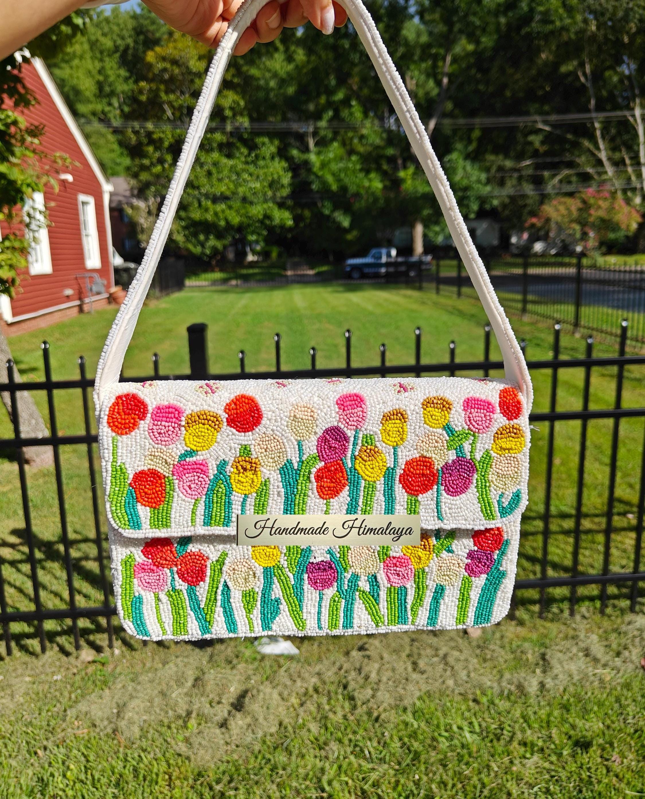 Tulip Beaded Bag: Floral Seed Beaded Shoulder Bags