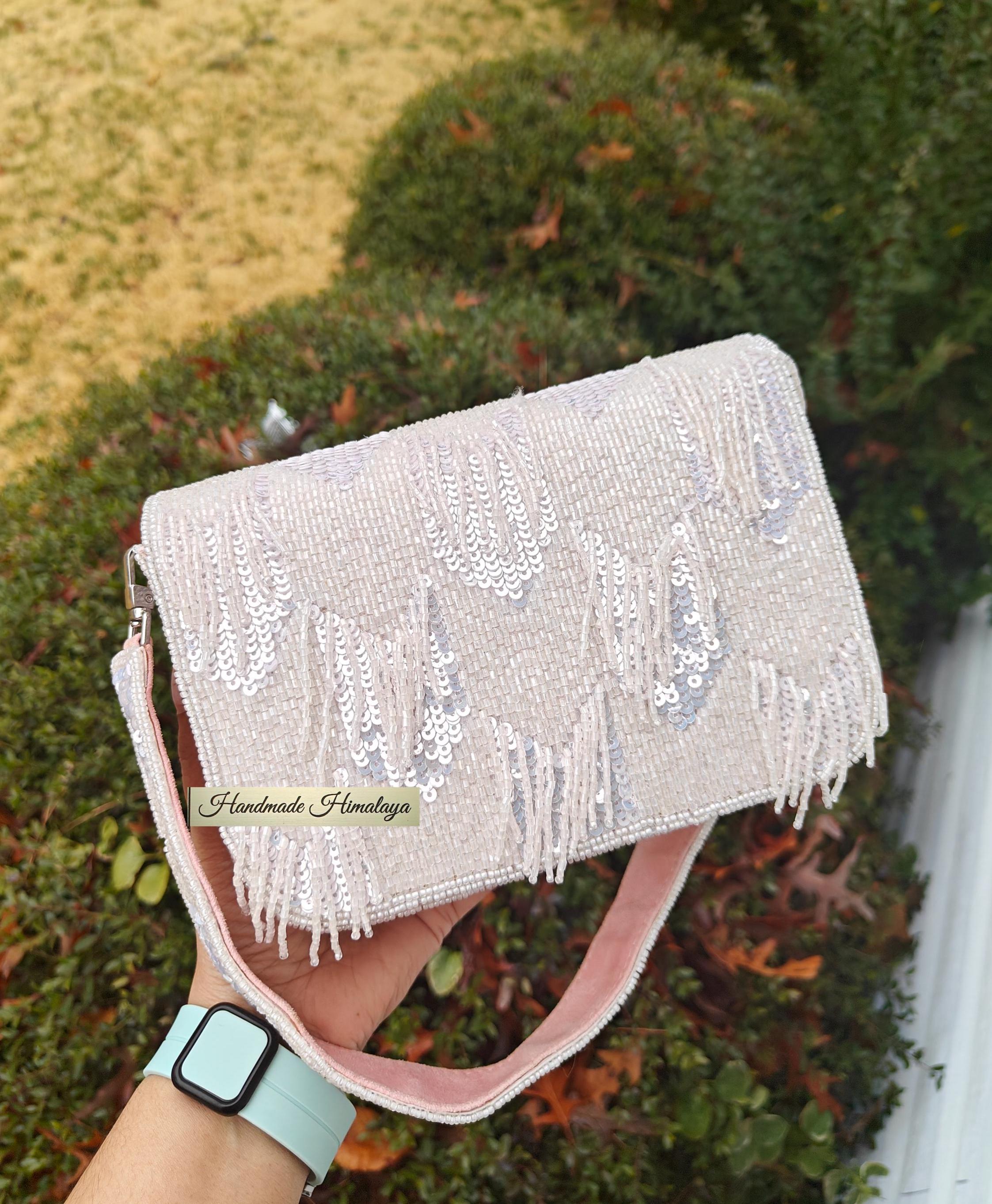 Blush Pink Beaded Clutch | Cream Iridescent Sequin Bridal Purse | Fringe Tassel Gala Evening Bag view 3