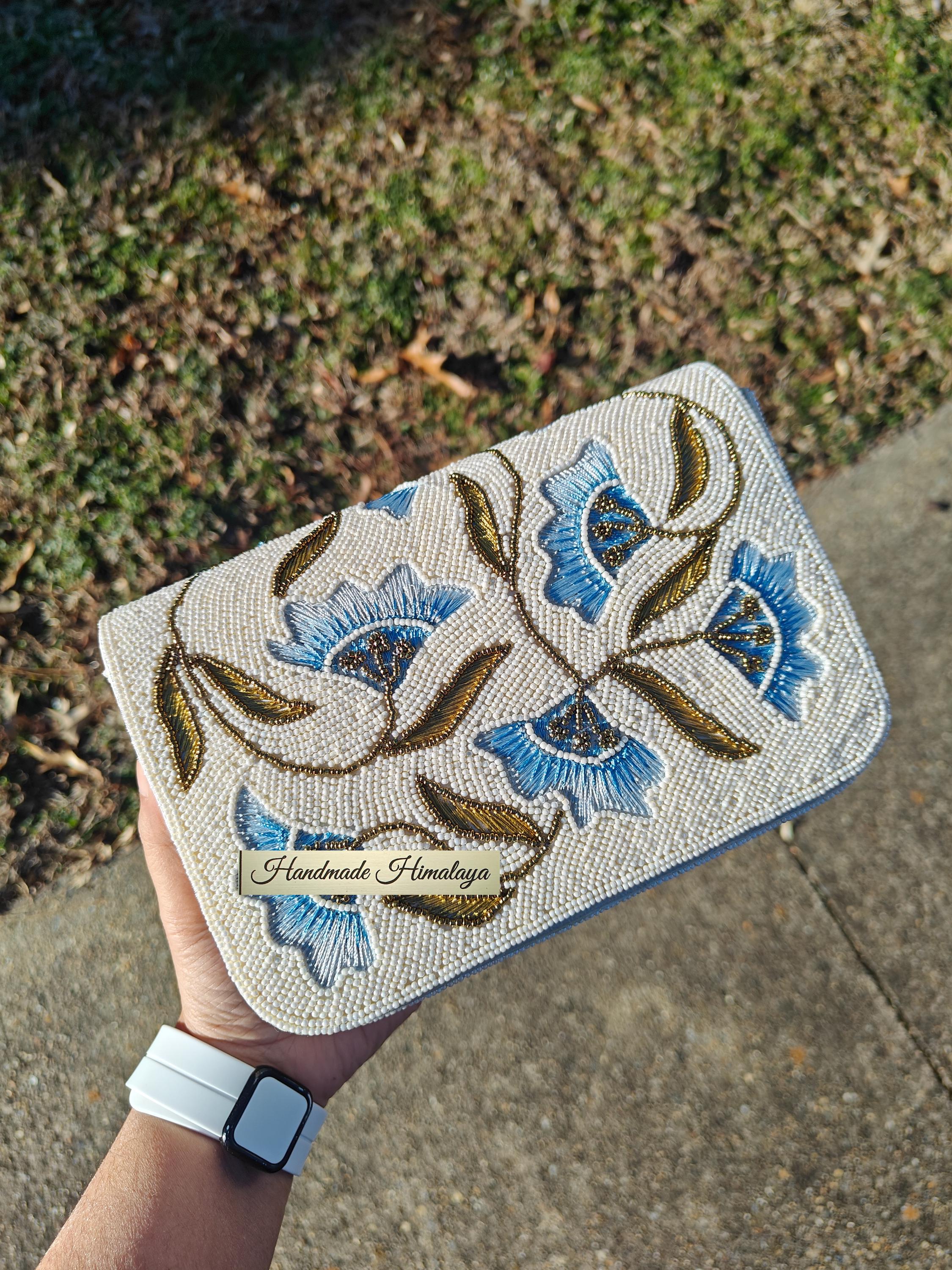 White Blue Floral Beaded Bag | Something Blue Bridal Purse view 2
