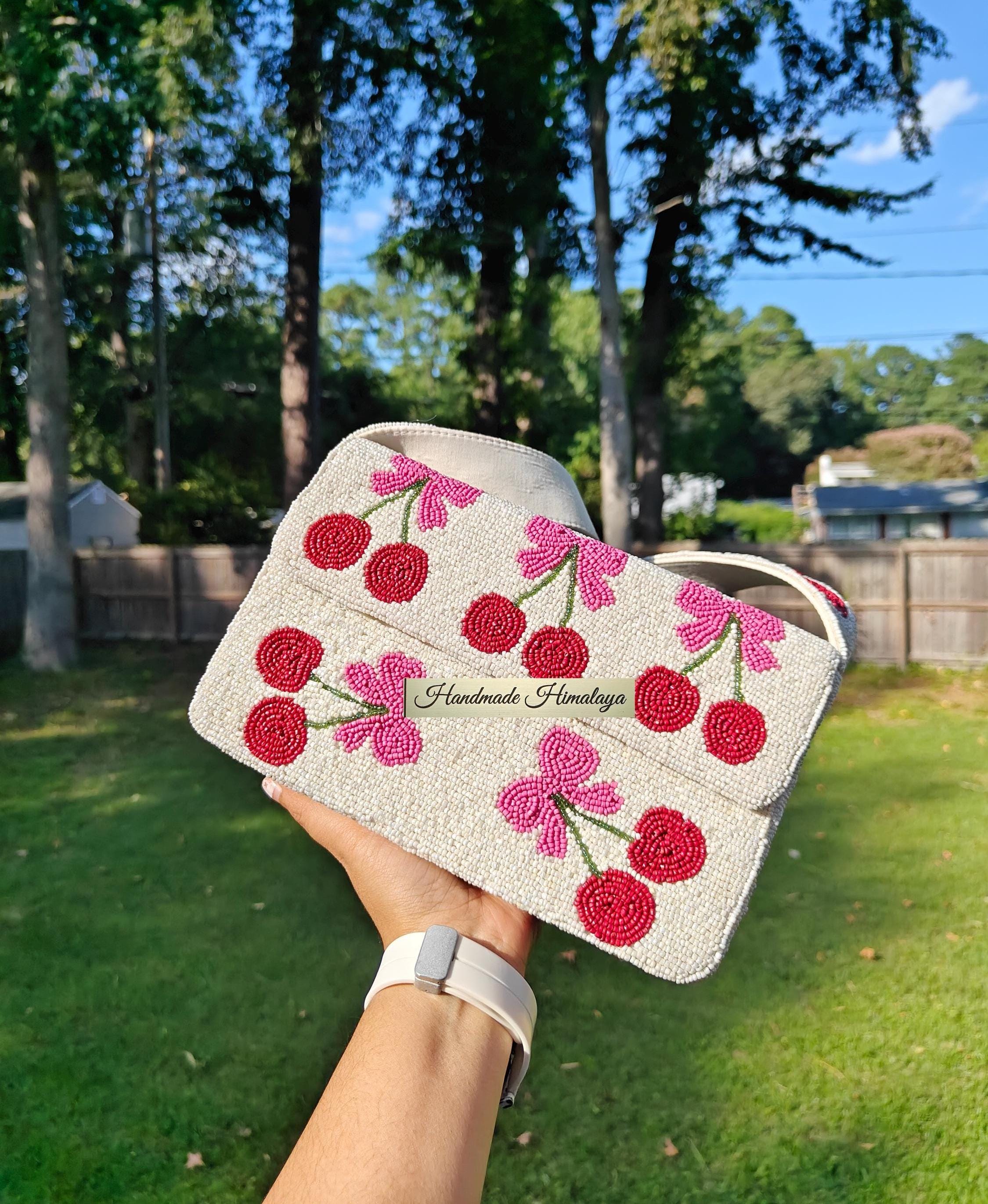 Cherry Embroidered Beaded Purse Handmade White Shoulder Bag With Bow Detail