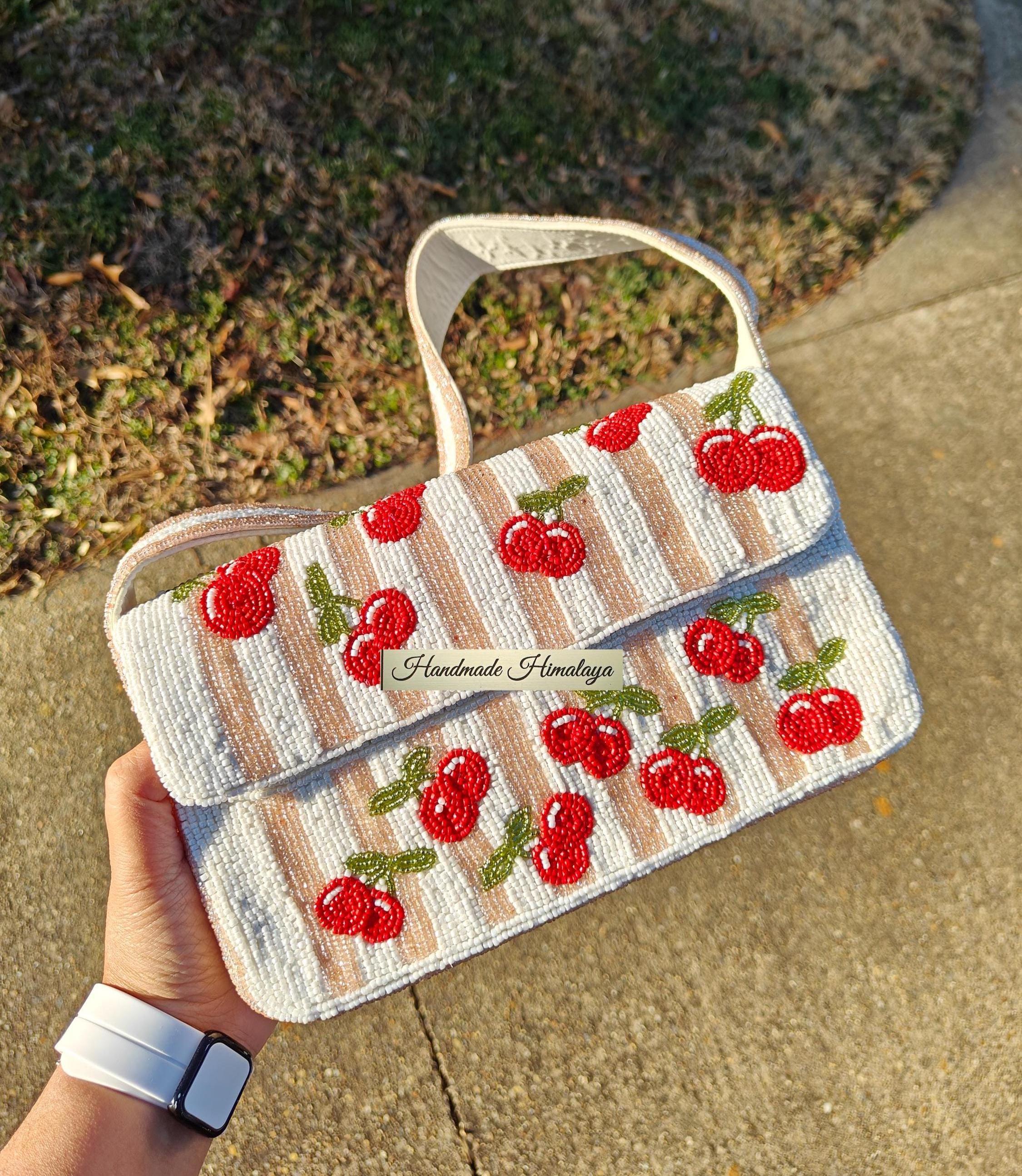 Red Cherries Beaded Bag With Rose Gold Stripes for Summer Events Brunch Accessory view 2