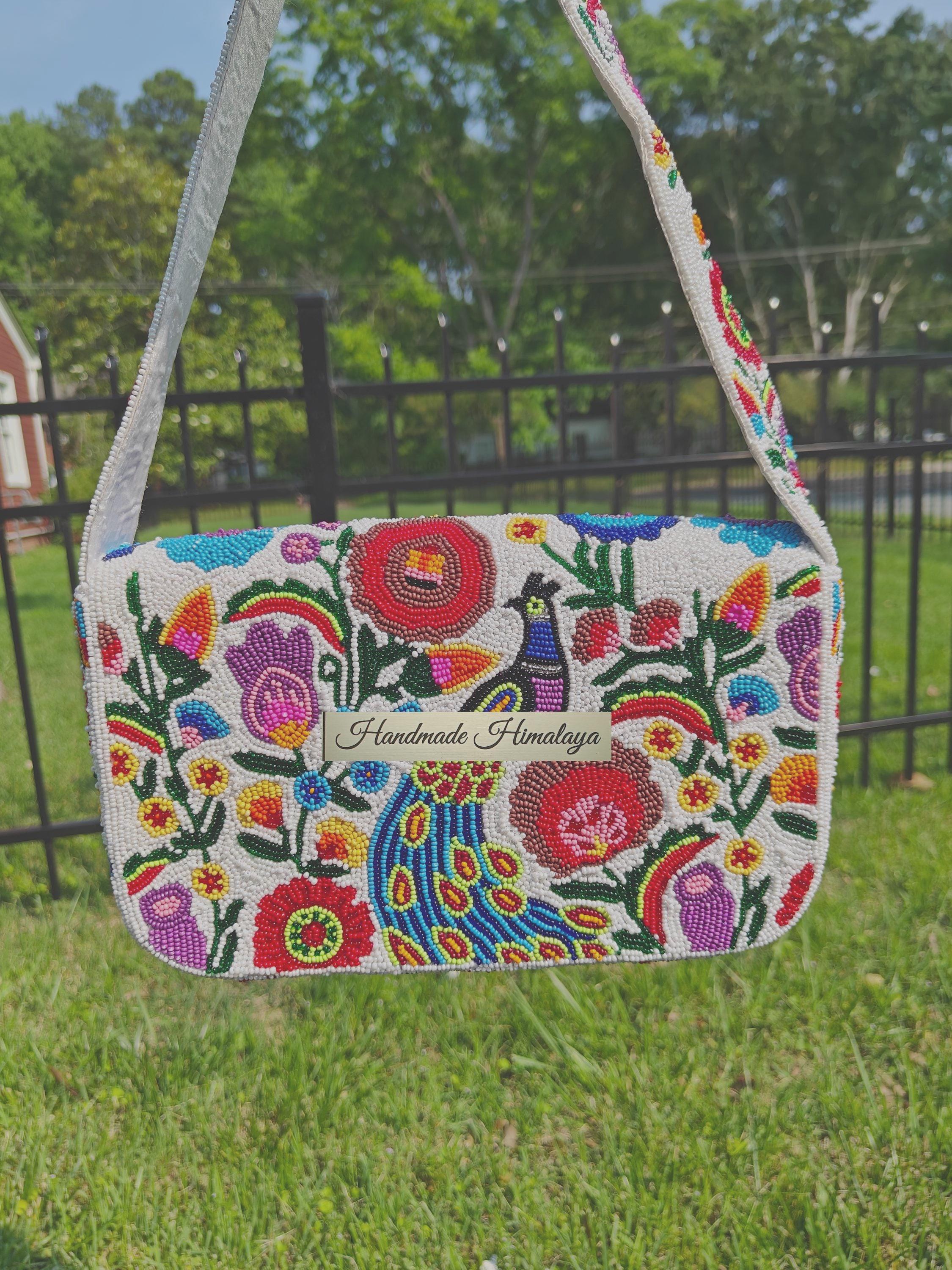 Peacock Beaded Handbag | Floral Seed Bead Purse & Folk Art Beaded Purse Clutch view 2