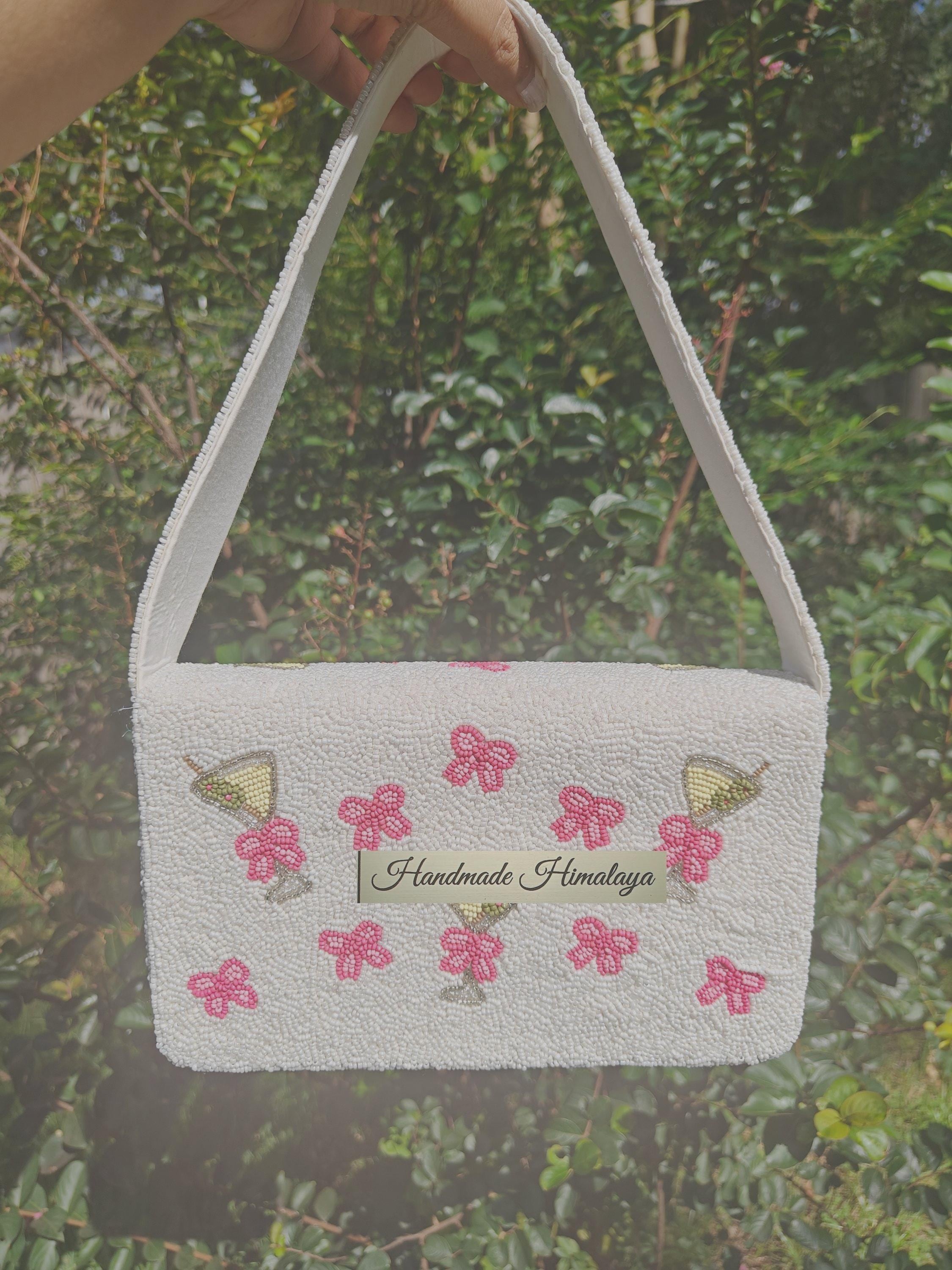 Martini and Pink Bow Beaded Bag, Bachelorette Party Handbag, White Cocktail Beaded Purse, Evening Shoulder Bag view 3