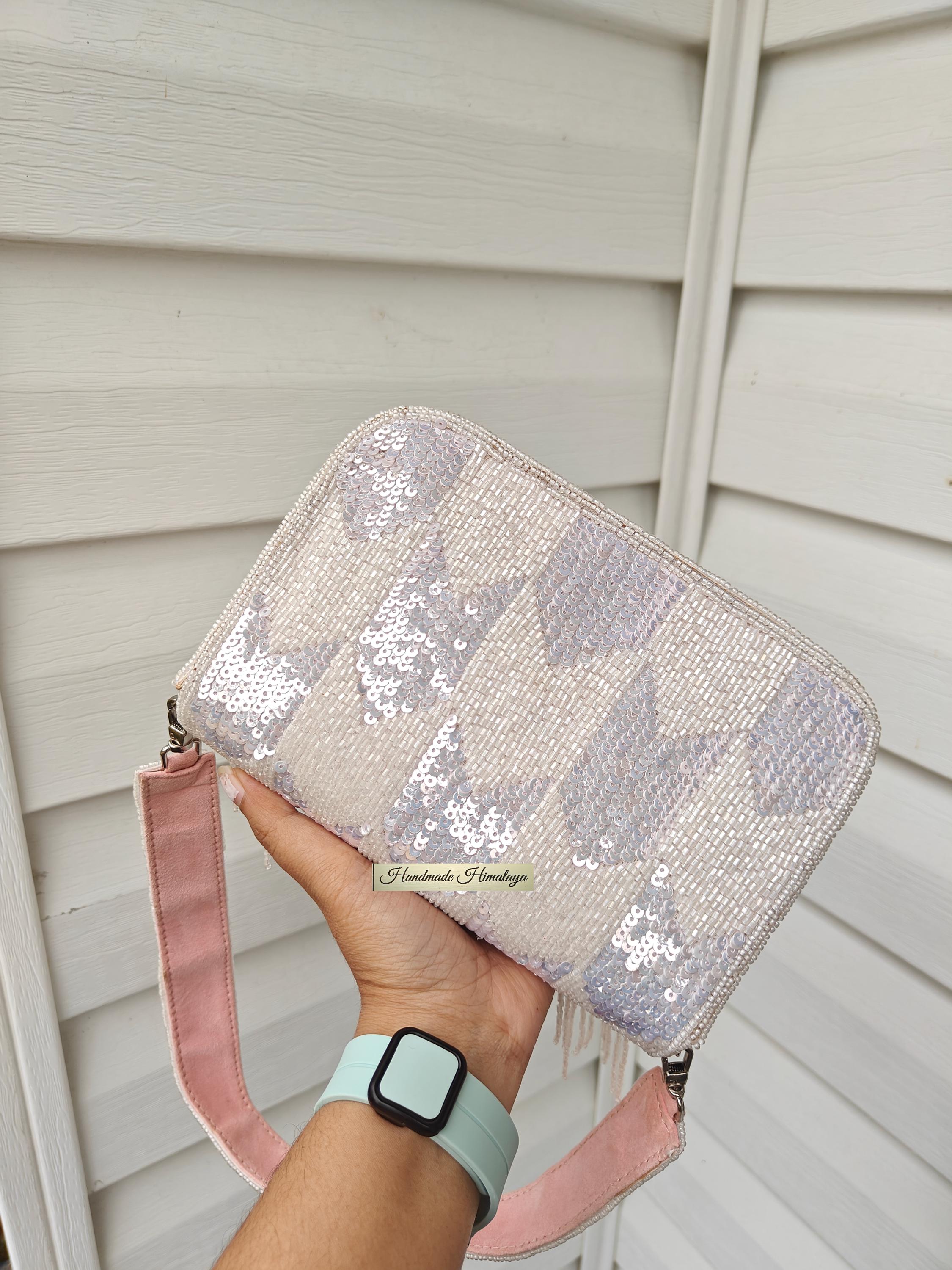Blush Pink Beaded Clutch | Cream Iridescent Sequin Bridal Purse | Fringe Tassel Gala Evening Bag view 8