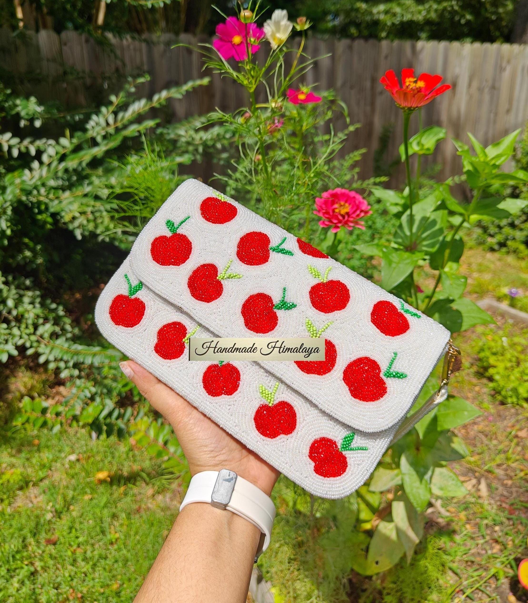 Red Apples Beaded Bag | Fruit Embroidery Shoulder Bag | Tropical Vacation Wedding Party Baguette Handbag