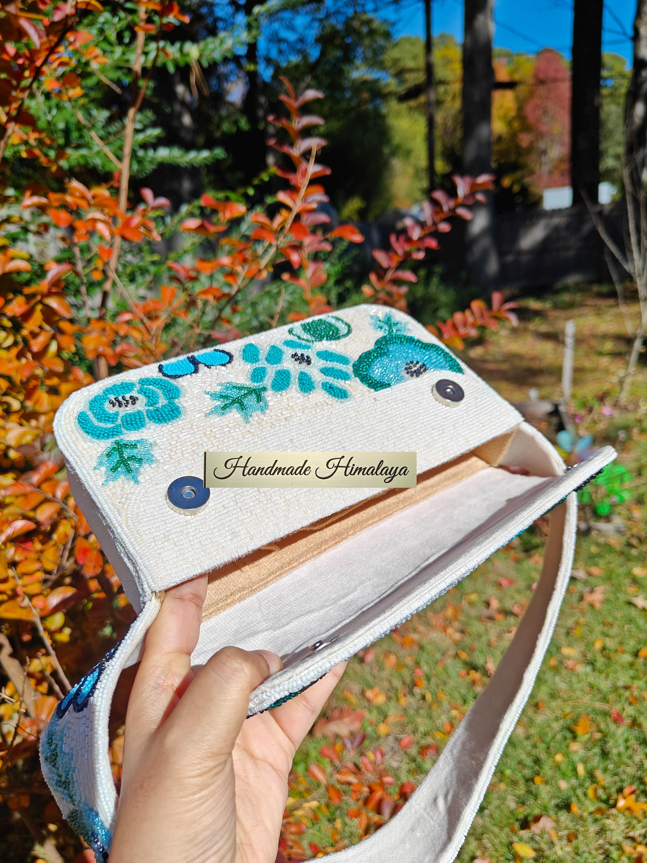 Teal Turquoise Floral Bridal Beaded Bag, Bridal Evening Shoulder Purse view 5