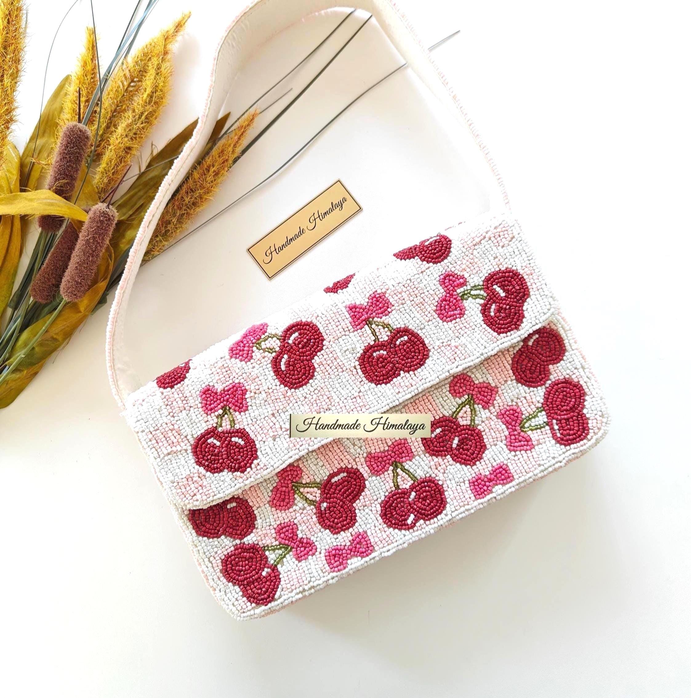 Red Cherry Beaded Bag | Blush Pink Gingham Checkered Purse | Summer Wedding Vacation Fruit Clutch