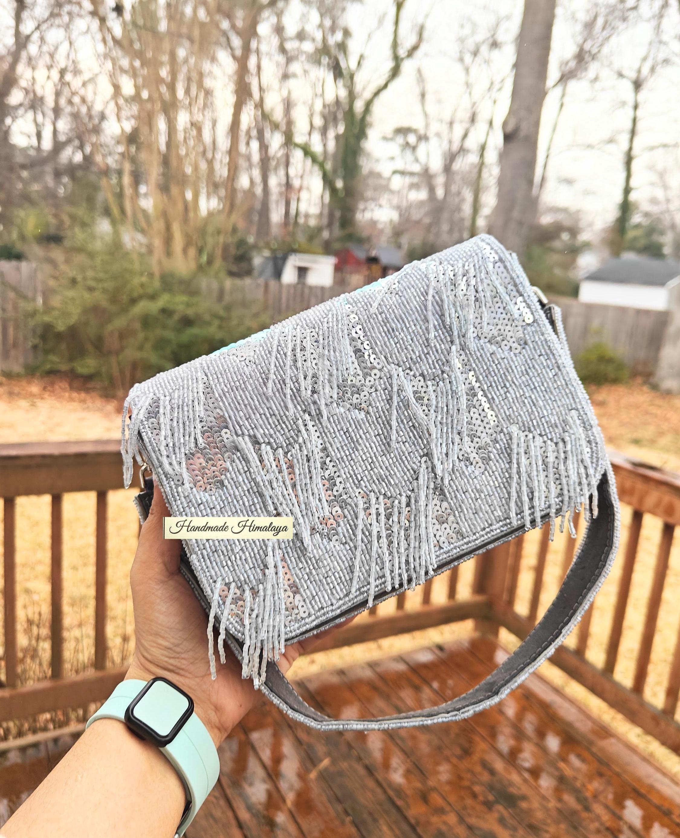 Silver Fringe Beaded Clutch, Gray Sequin Wedding Bridal Purse view 2