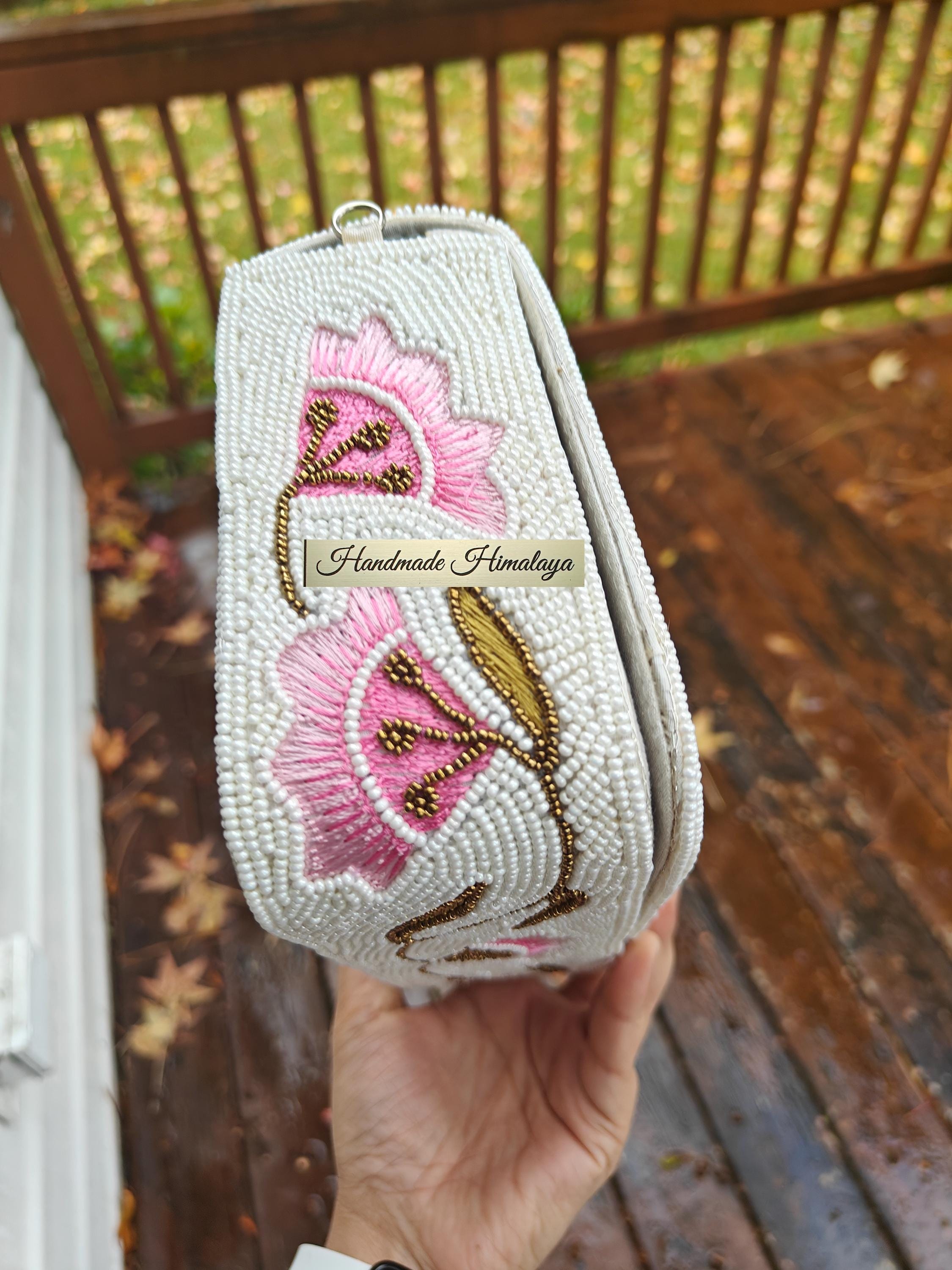 White Beaded Bridal Purse | Pink Floral Ivory Spring Wedding Clutch view 3