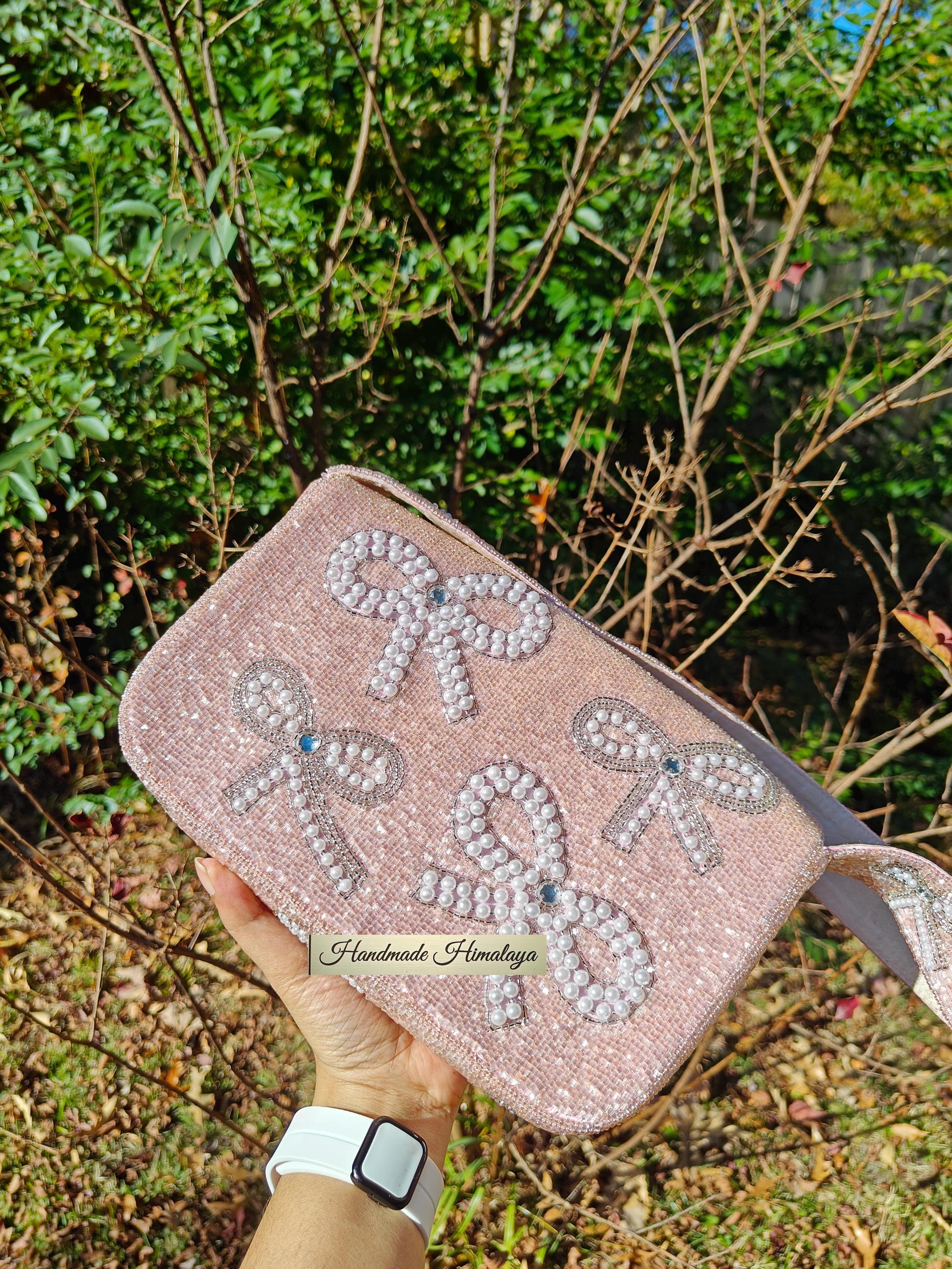 Pink Pearl Bow Bag | Bridal Party Evening Purse view 2