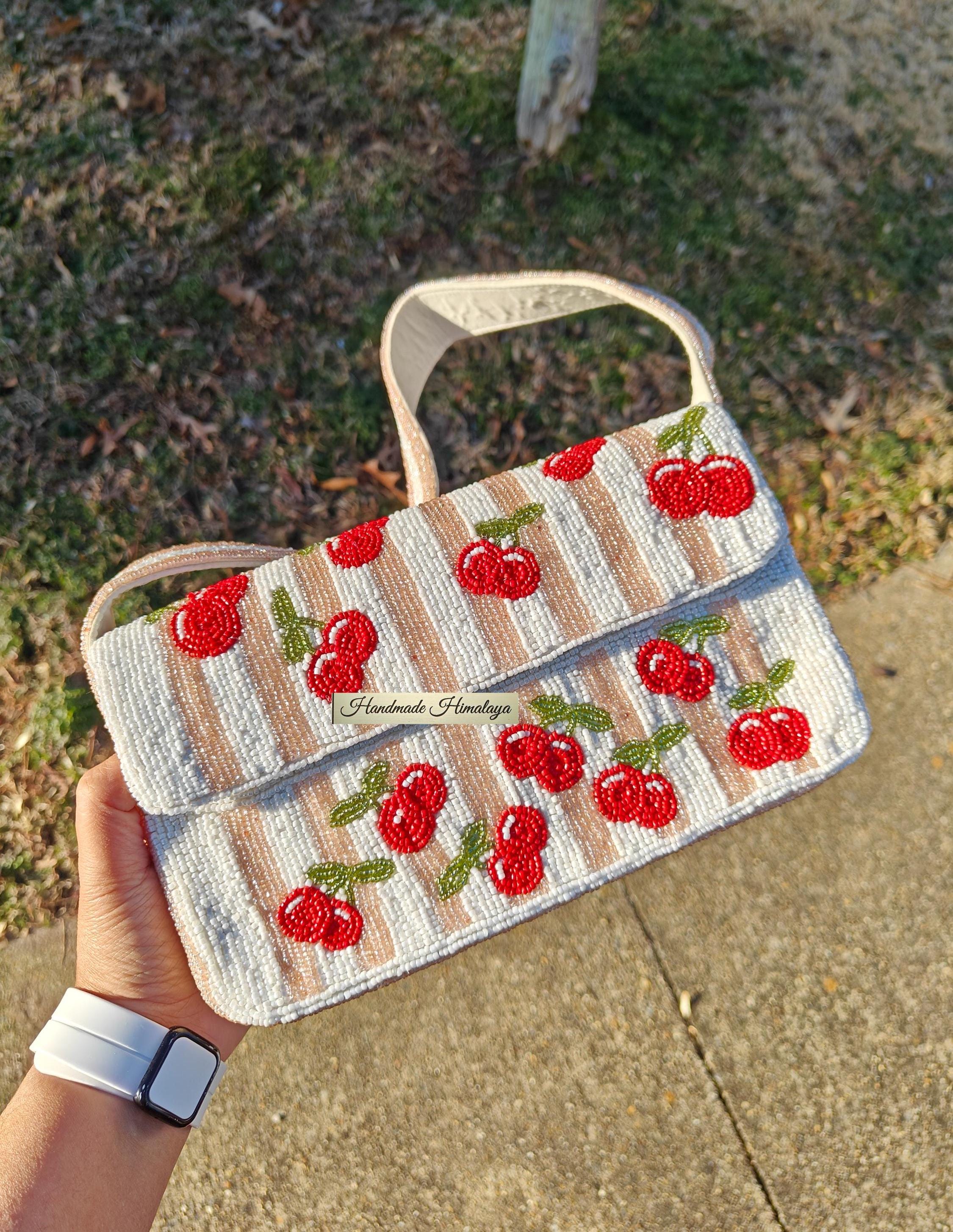 Red Cherries Beaded Bag With Rose Gold Stripes for Summer Events Brunch Accessory