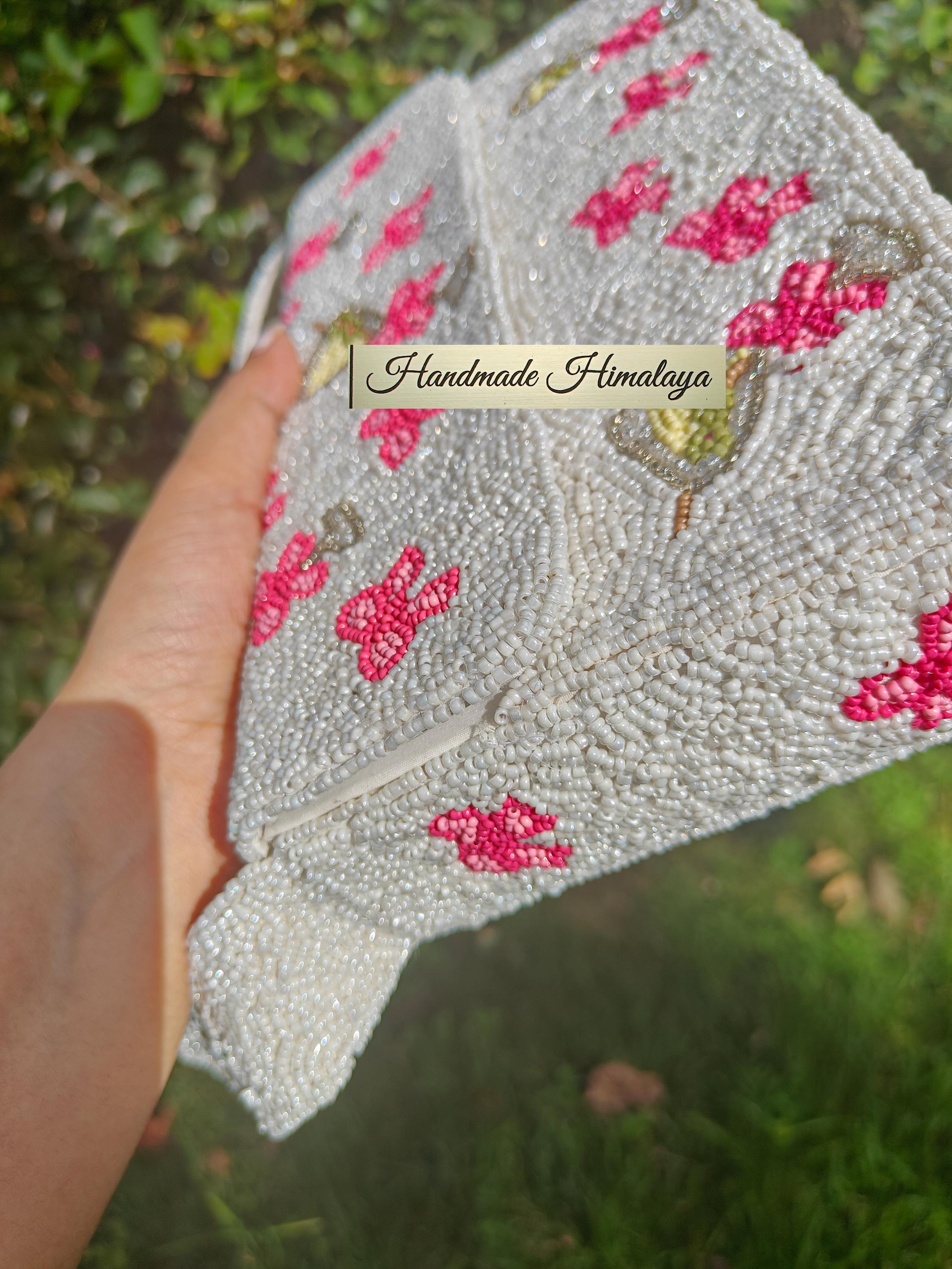Martini and Pink Bow Beaded Bag, Bachelorette Party Handbag, White Cocktail Beaded Purse, Evening Shoulder Bag view 5