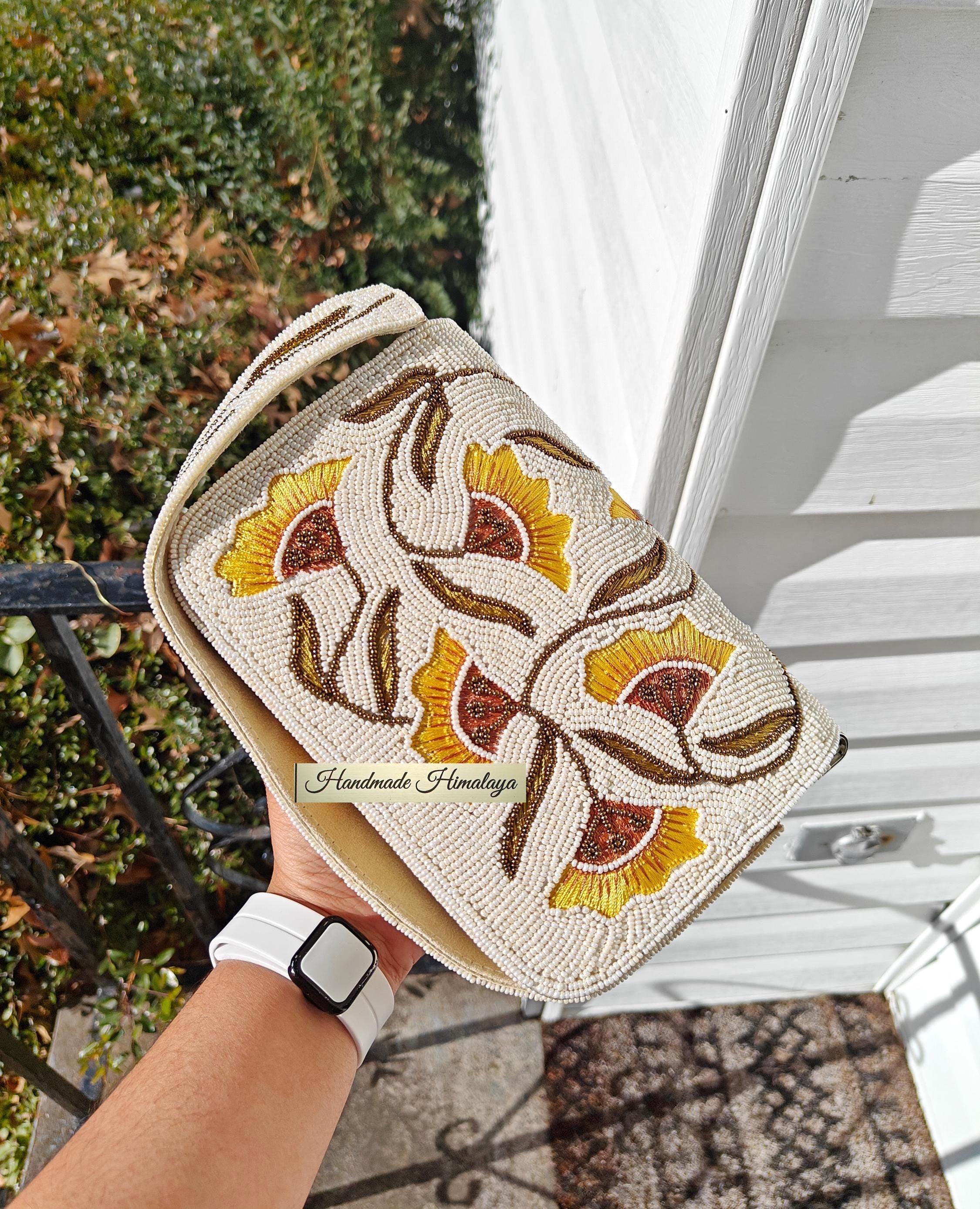 Ivory Wedding Clutch | Yellow Floral Beaded Bridal Purse