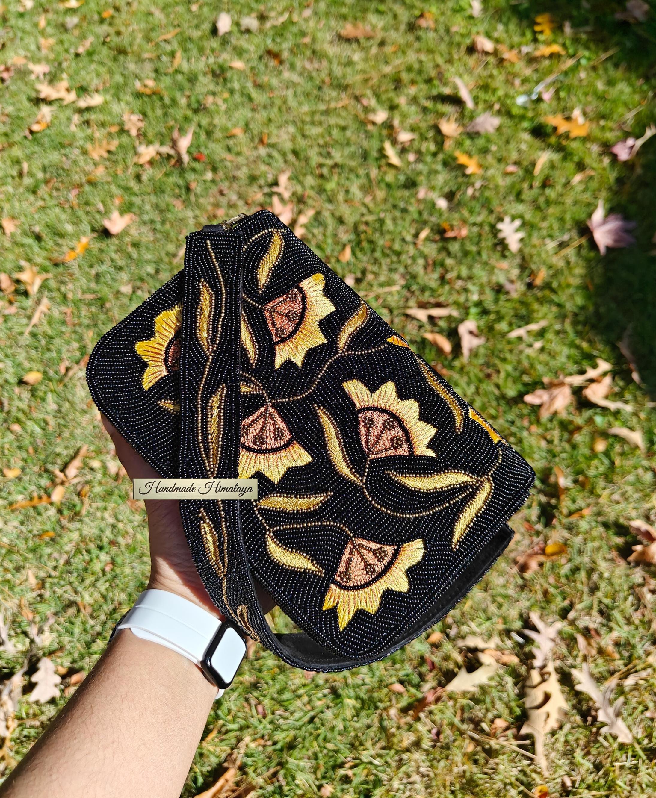 Black Gold Beaded Clutch Bag | Floral Embroidered Evening Purse | Boho Bridal Wedding Party Handbag