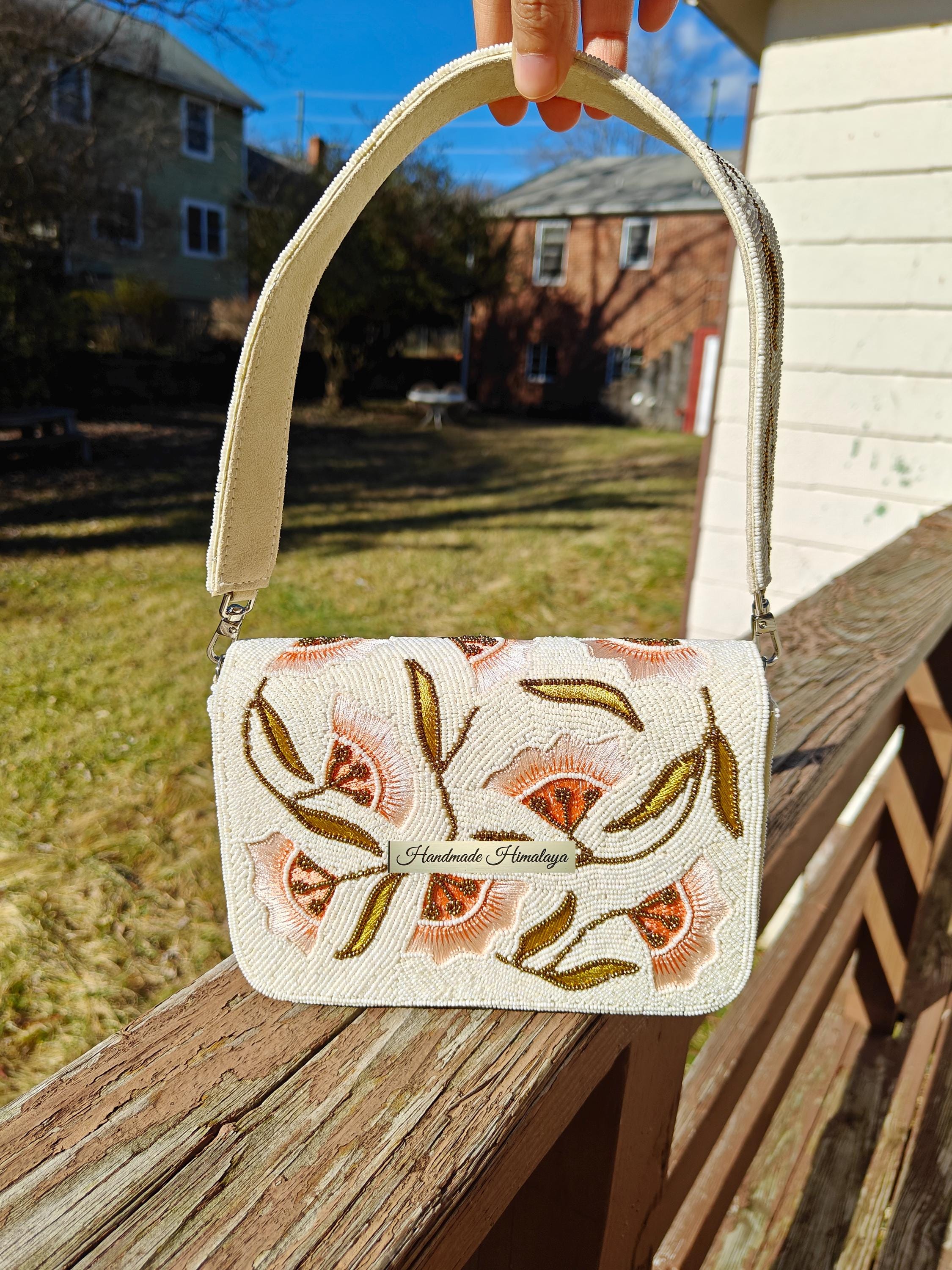 Ivory Peach Floral Beaded Bag | Bridal Wedding Guest Purse