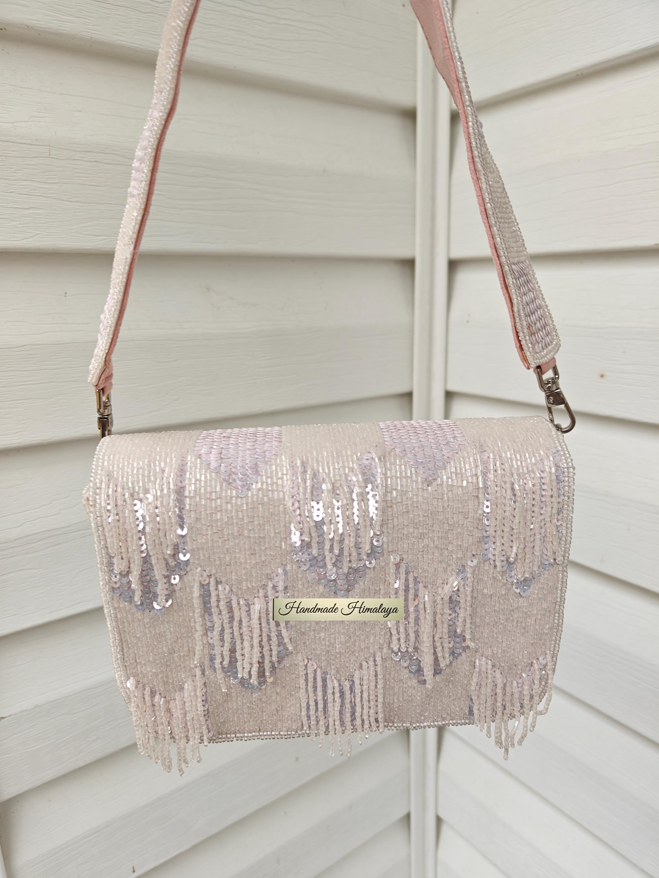 Blush Pink Beaded Clutch | Cream Iridescent Sequin Bridal Purse | Fringe Tassel Gala Evening Bag view 2