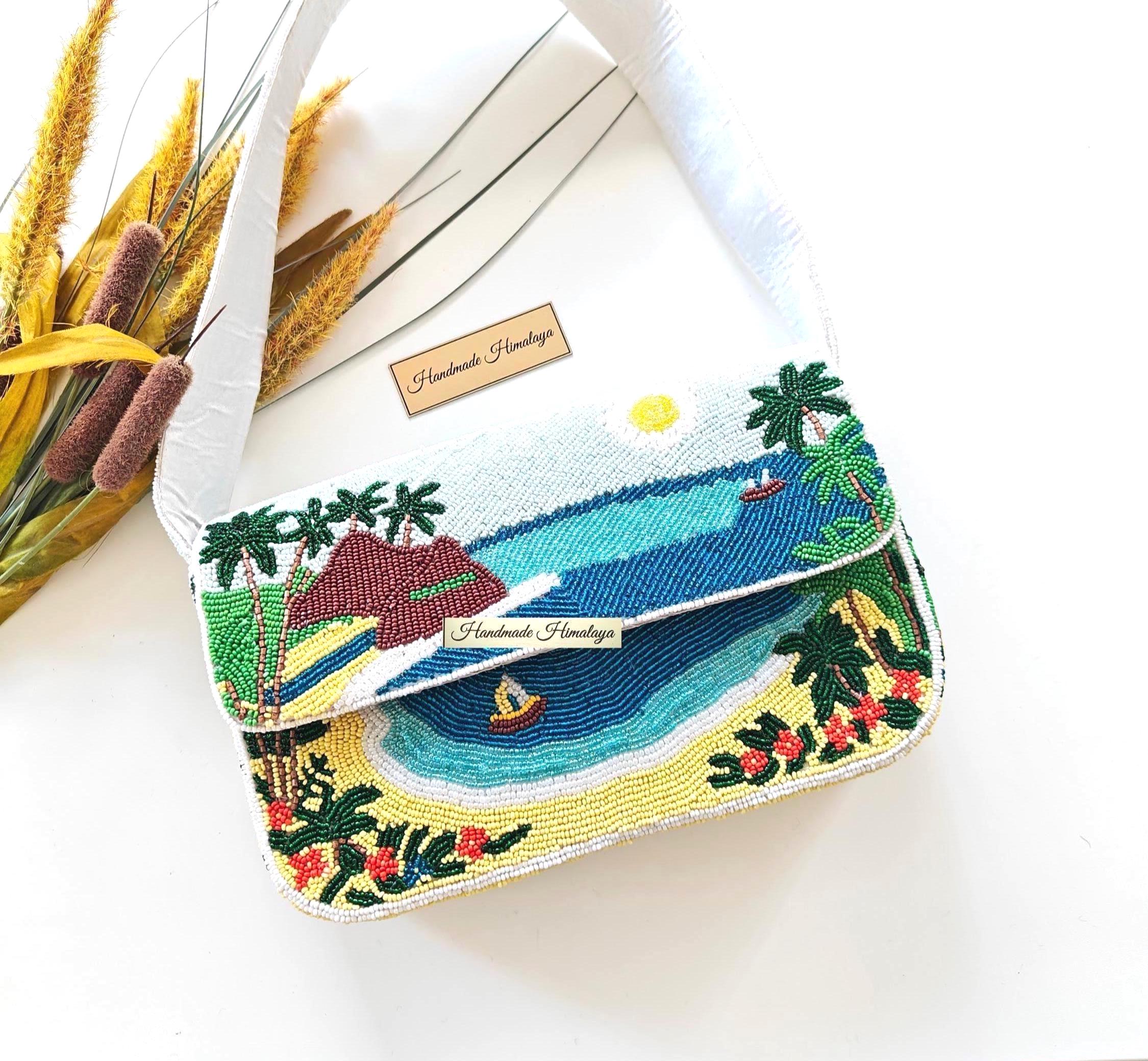 Hawaii Beaded Bag | Sunset Tropical Beach Purse | Blue Ocean Island Vacation Palm Trees Handbag view 2