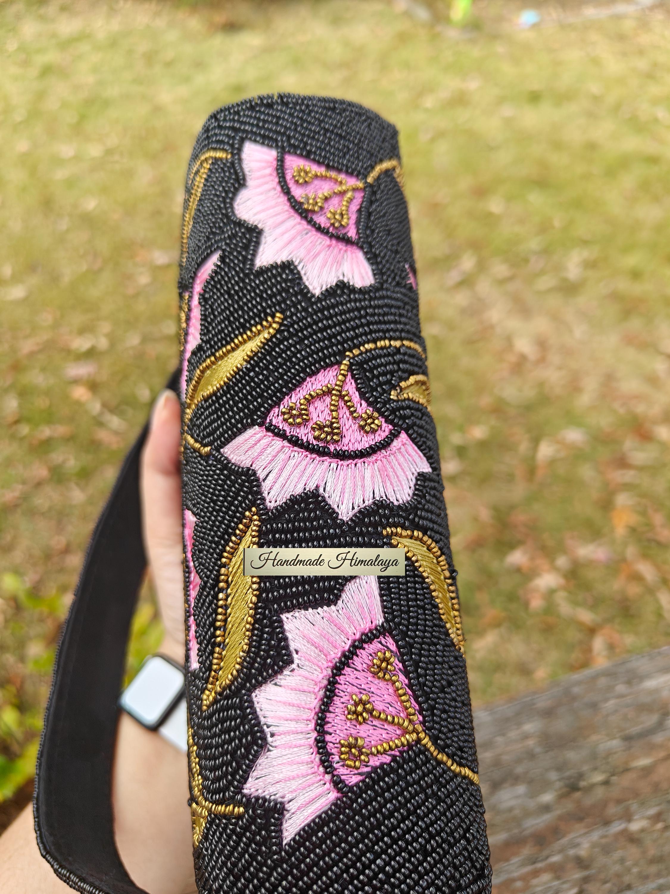 Black Floral Beaded Clutch | Pastel Pink Evening Bag | Bridal Cherry Blossom Purse view 6