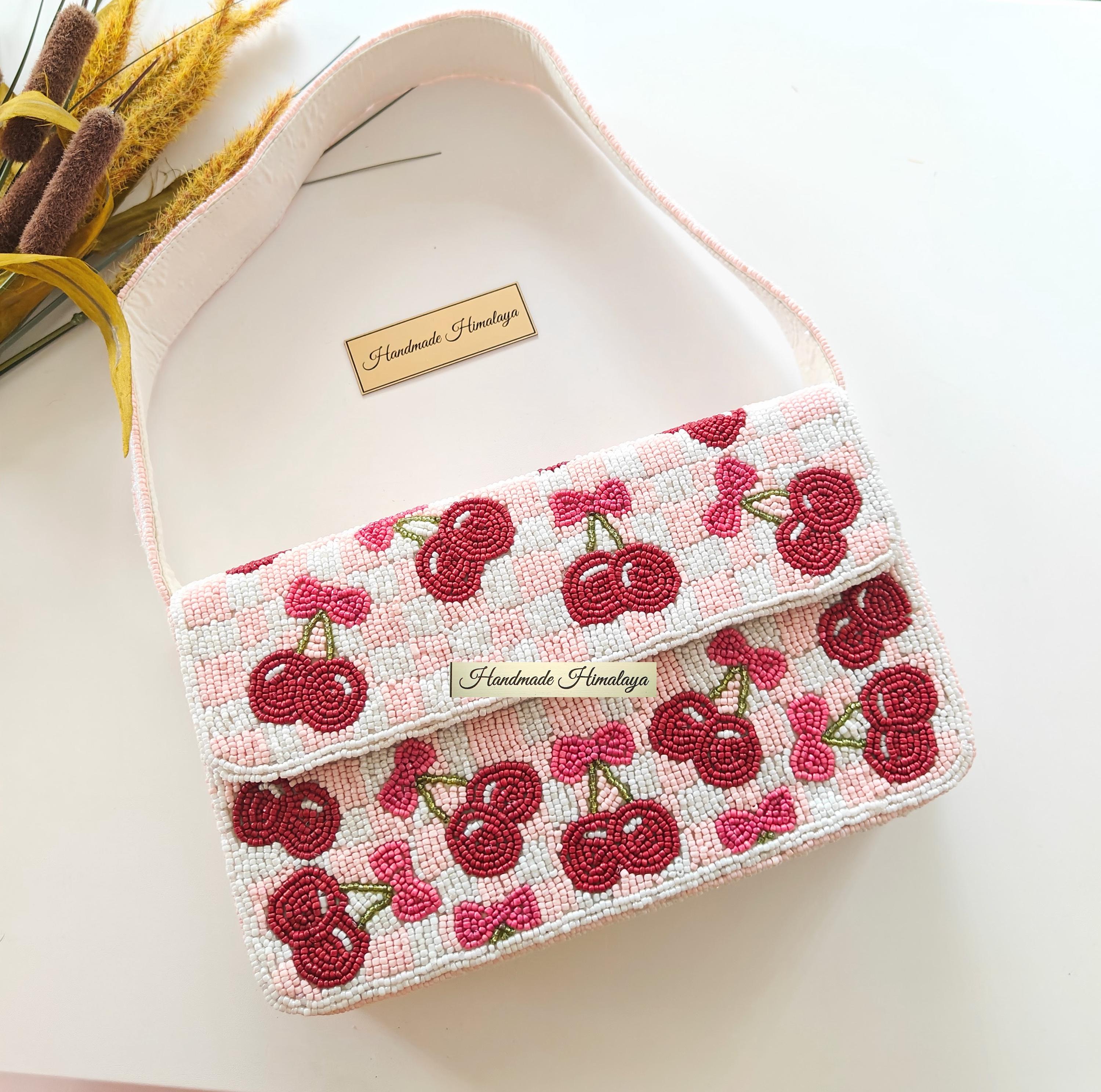 Red Cherry Beaded Bag | Blush Pink Gingham Checkered Purse | Summer Wedding Vacation Fruit Clutch view 6