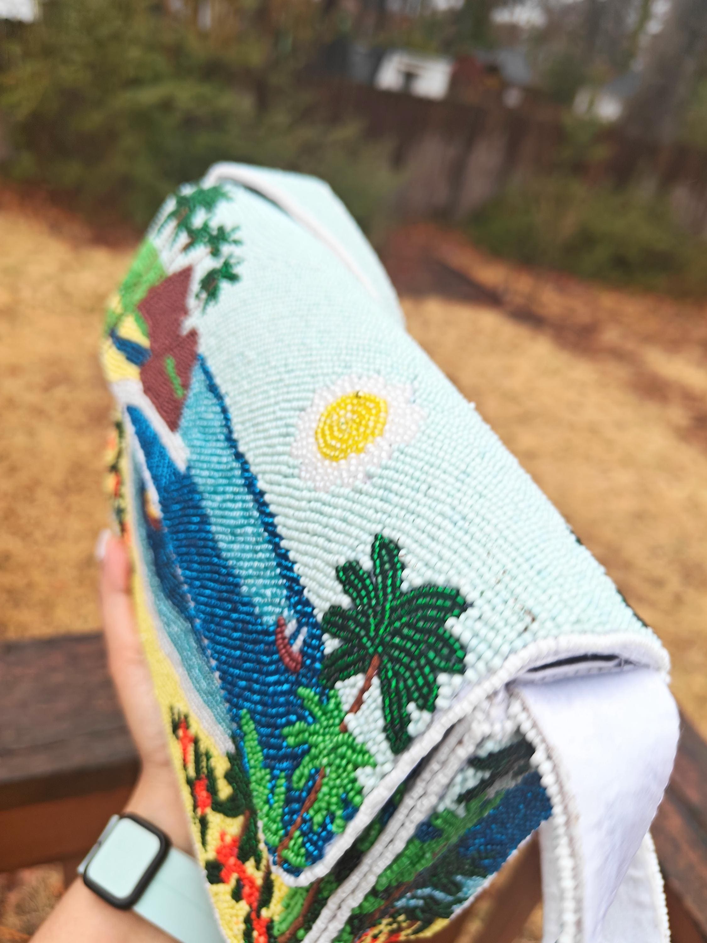 Hawaii Beaded Bag | Sunset Tropical Beach Purse | Blue Ocean Island Vacation Palm Trees Handbag view 6