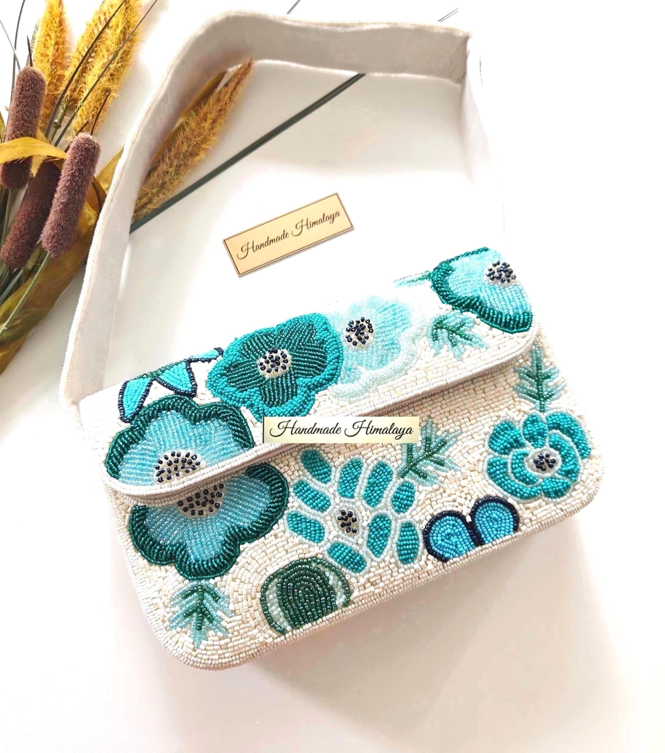 Teal Turquoise Floral Bridal Beaded Bag, Bridal Evening Shoulder Purse