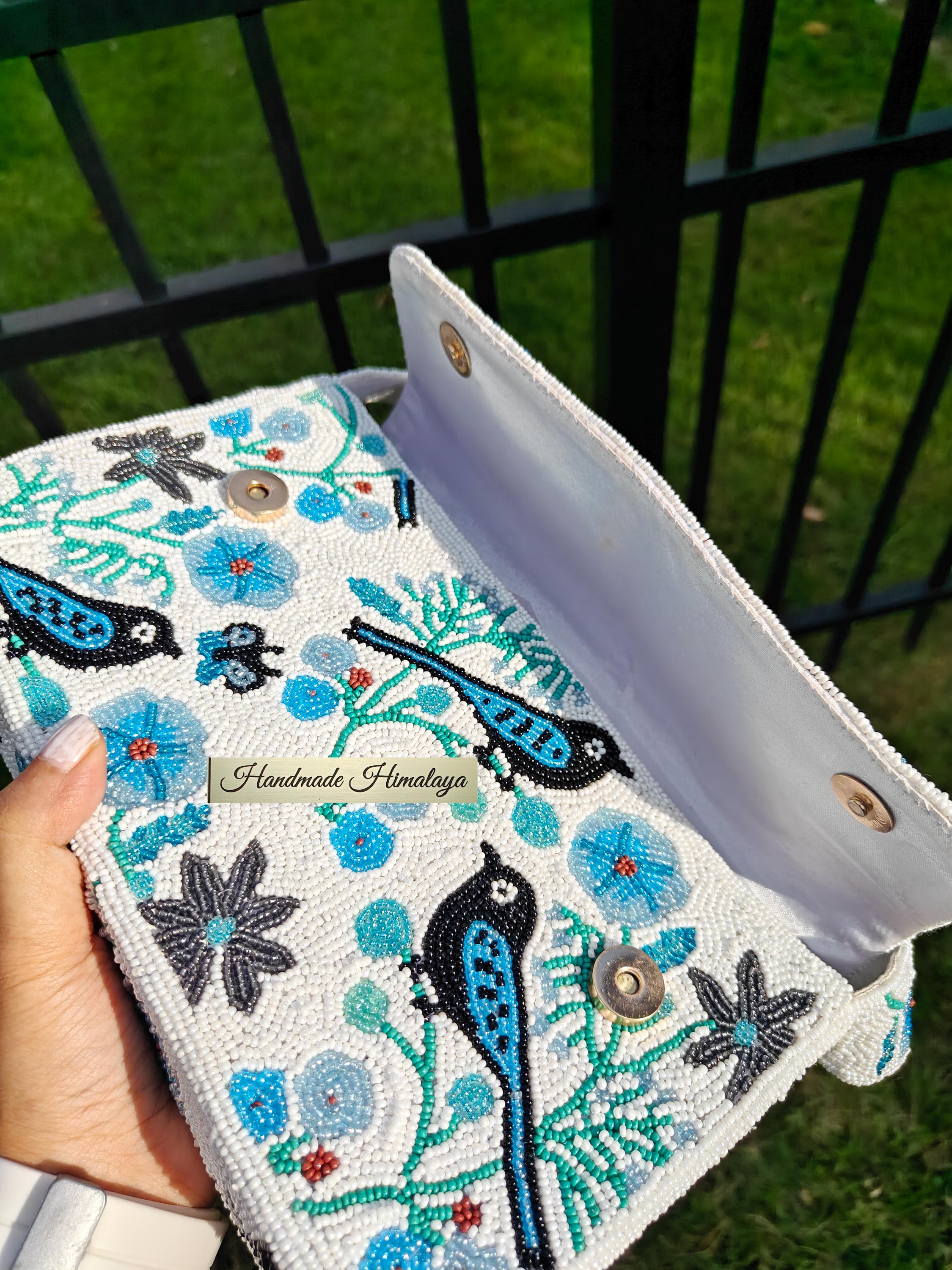 Blue Bird Beaded Shoulder Bag | Floral Statement Purse view 2