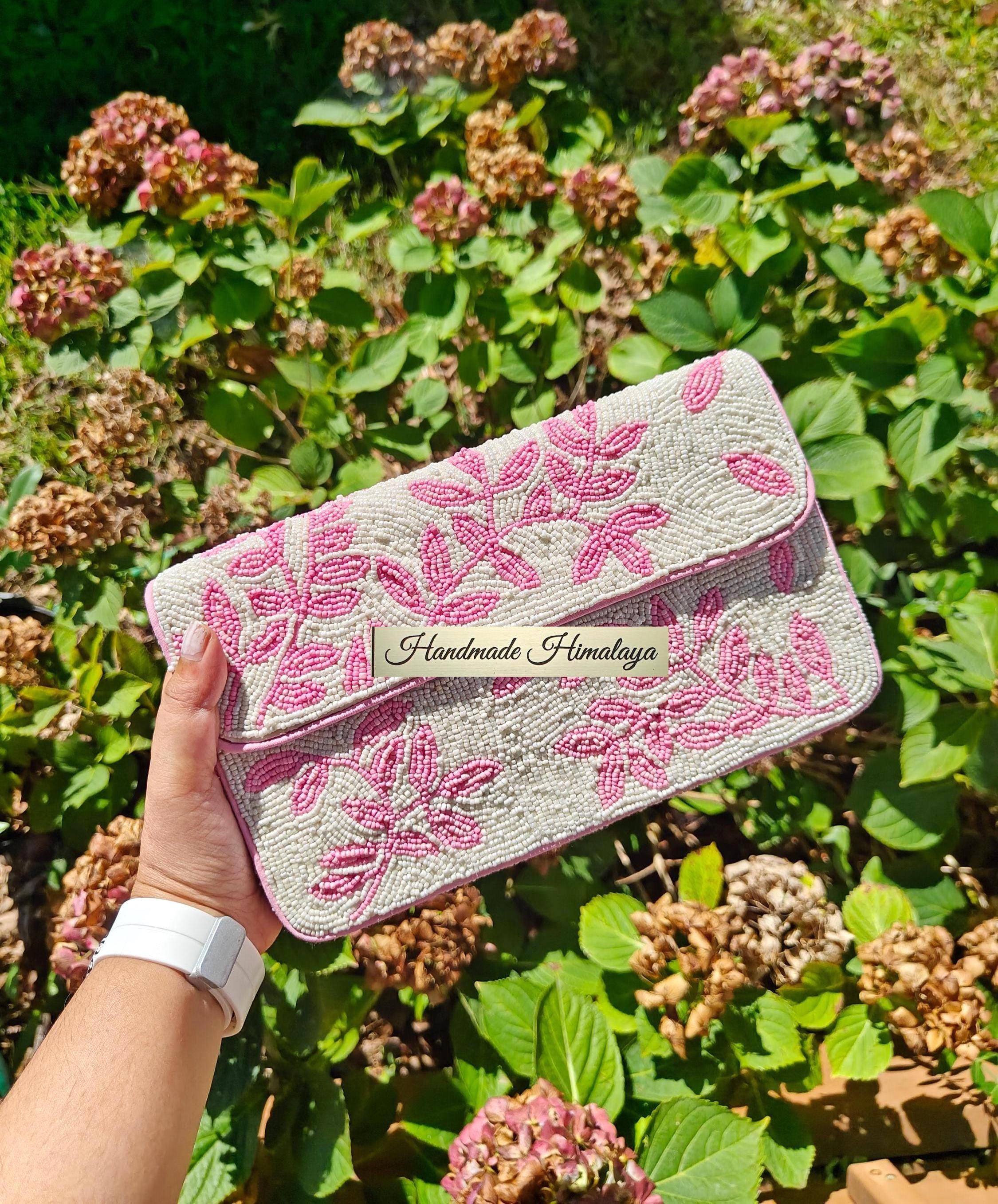 Blush Pink Floral Beaded Shoulder Bag Leaf Embroidery Bridal Party Evening Clutch Purse