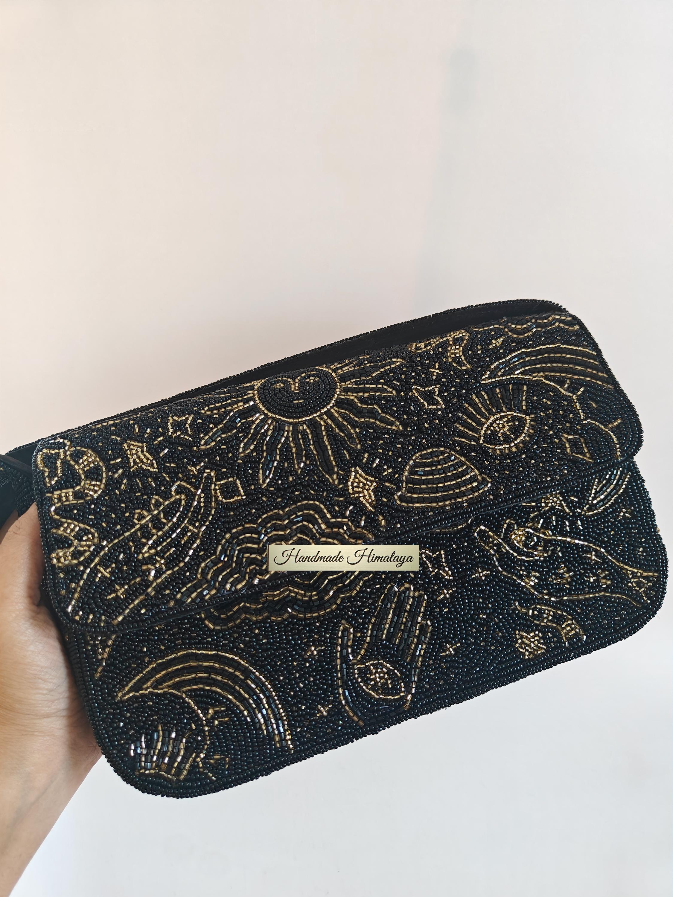 Black Beaded Cosmic Sun Eye Shoulder Bag | Mystical Astrology Handcrafted Purse view 8