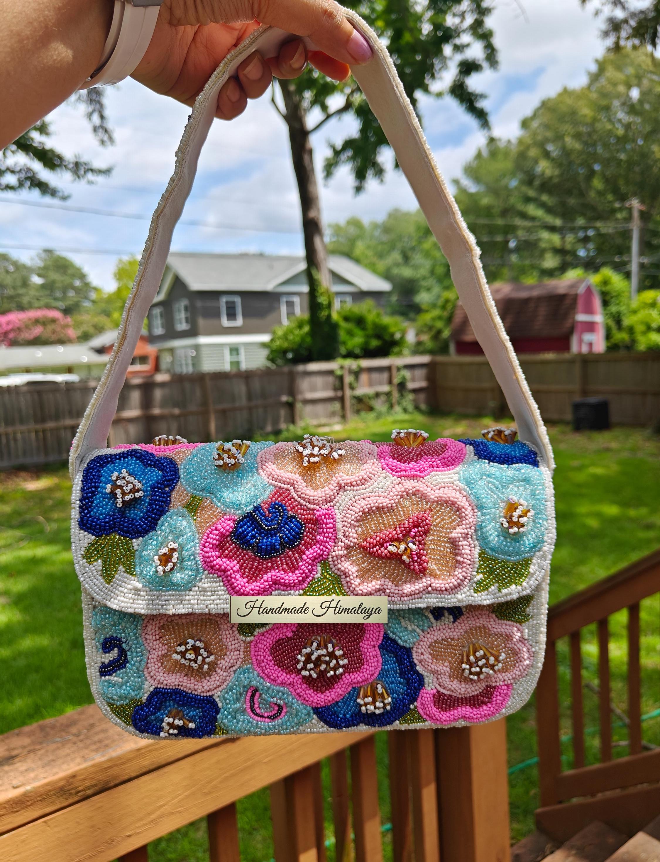 Floral Beaded Bridal Bag | 3D Colorful Wedding Guest Shoulder Purse view 2