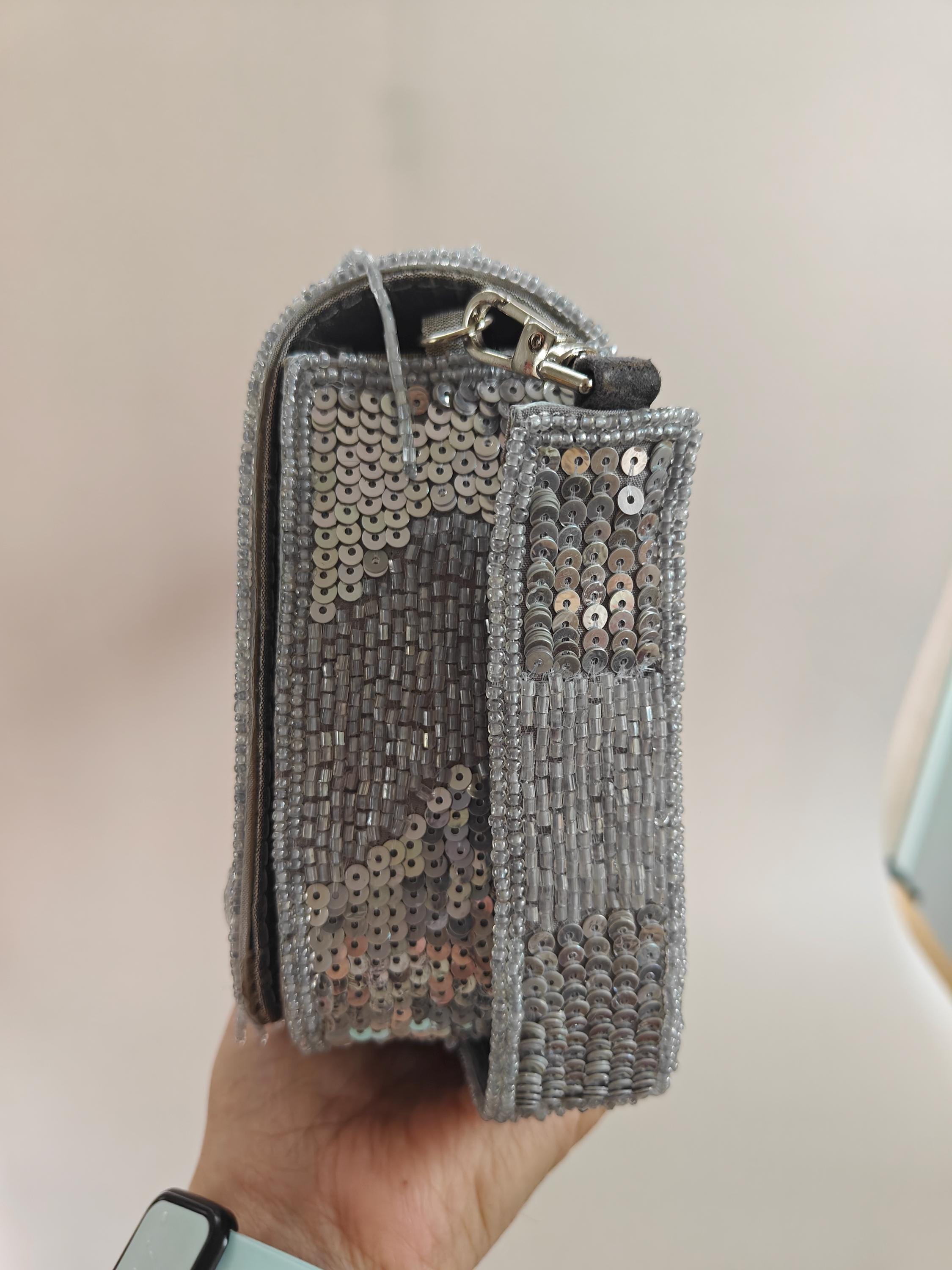 Silver Fringe Beaded Clutch, Gray Sequin Wedding Bridal Purse view 6