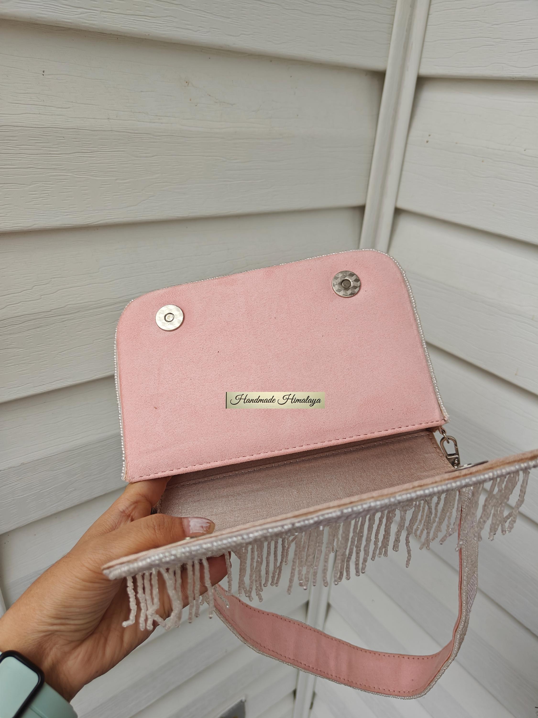 Blush Pink Beaded Clutch | Cream Iridescent Sequin Bridal Purse | Fringe Tassel Gala Evening Bag view 7