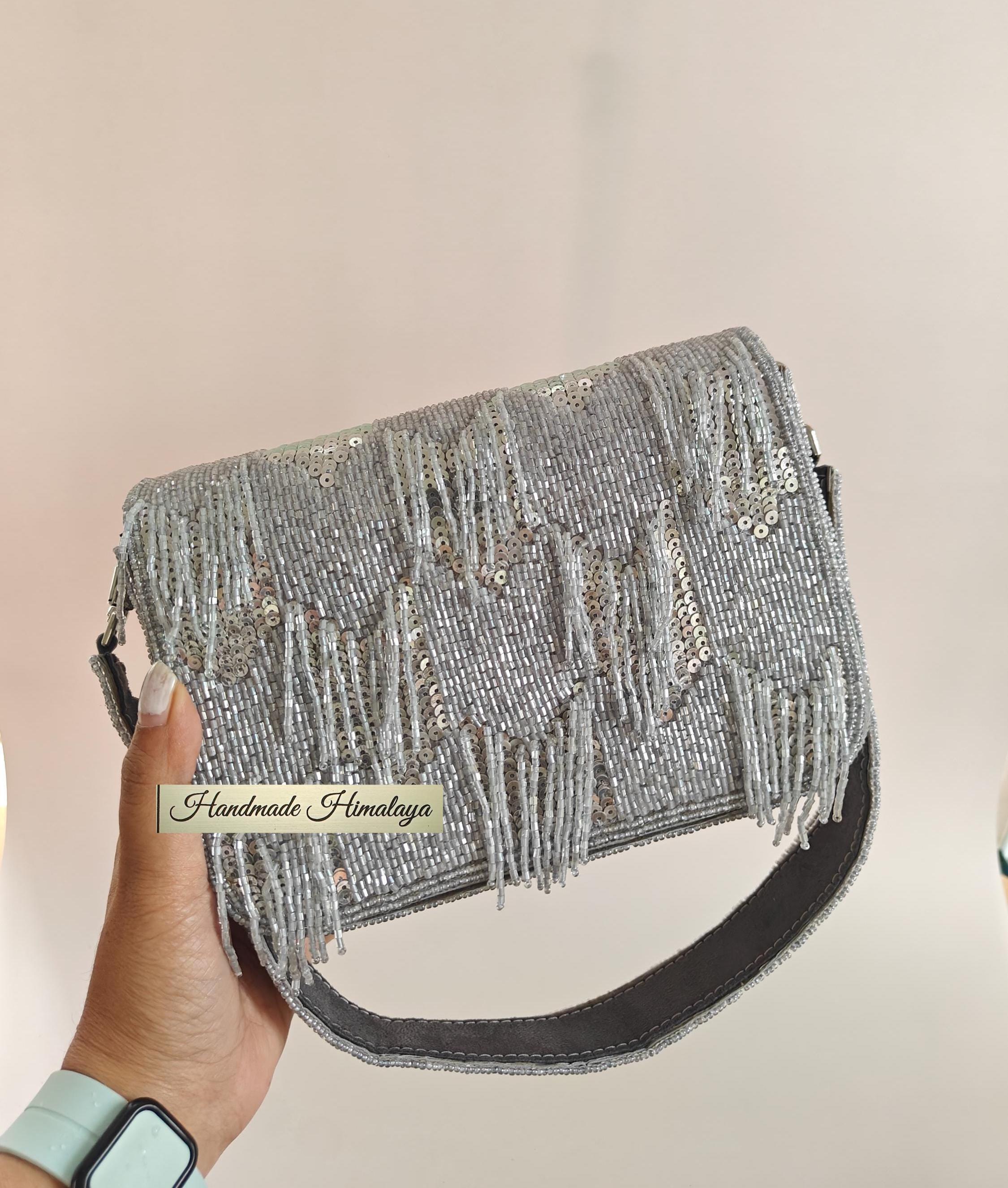 Silver Fringe Beaded Clutch, Gray Sequin Wedding Bridal Purse view 3