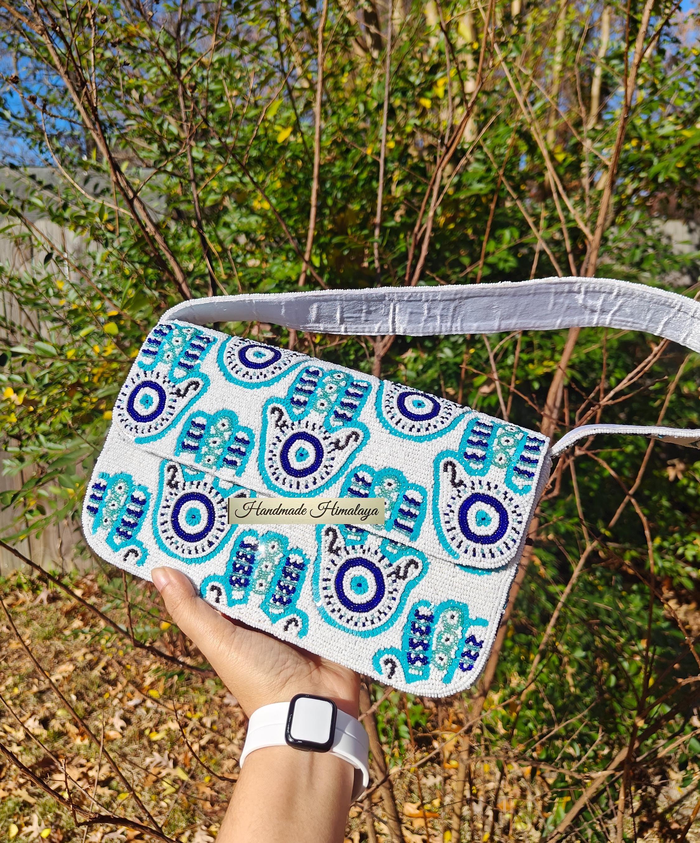 Beaded Hamsa Hand Evil Eye Protection Shoulder Bag: White-blue Turquoise Purse for Women