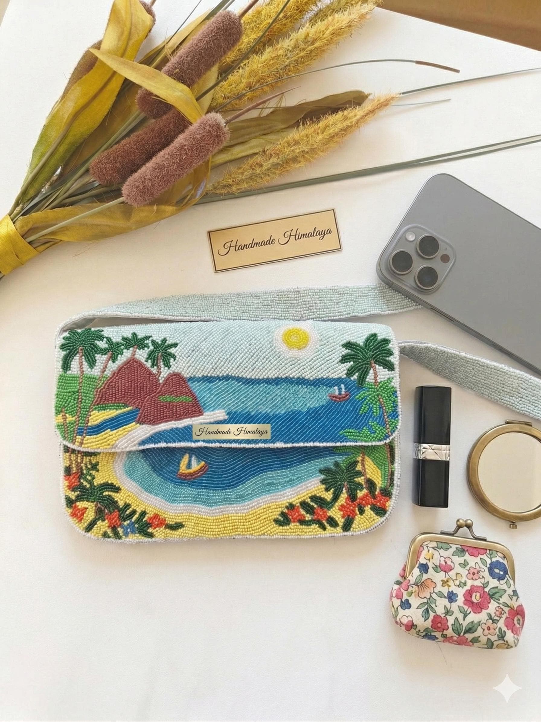 Hawaii Beaded Bag | Sunset Tropical Beach Purse | Blue Ocean Island Vacation Palm Trees Handbag view 10