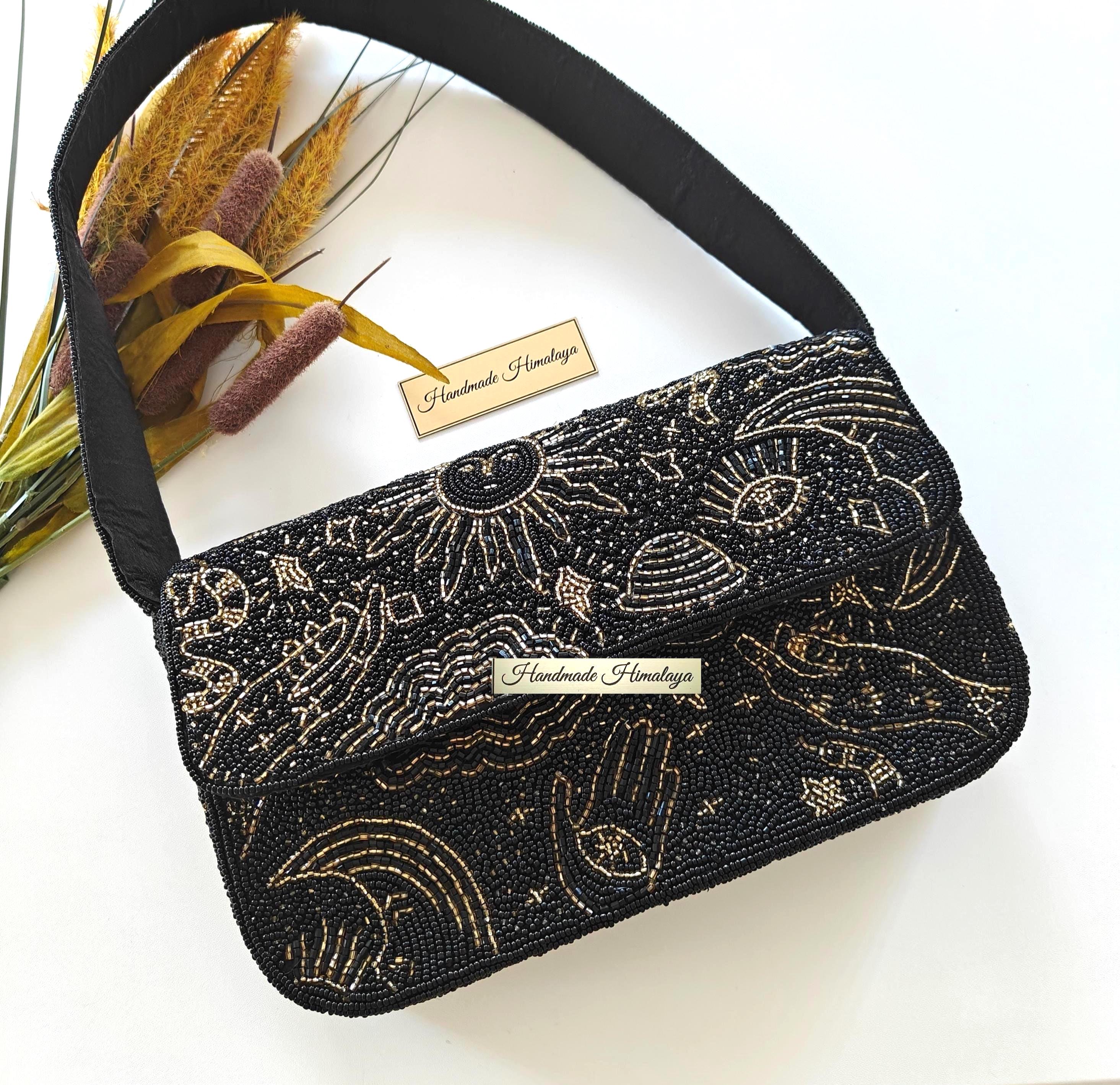 Black Beaded Cosmic Sun Eye Shoulder Bag | Mystical Astrology Handcrafted Purse